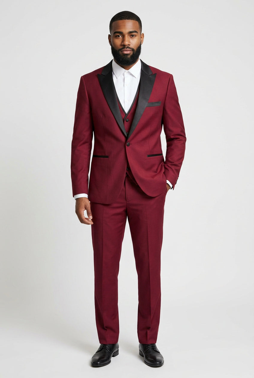 Costume trois pièces bordeaux pour homme avec revers en satin noir
