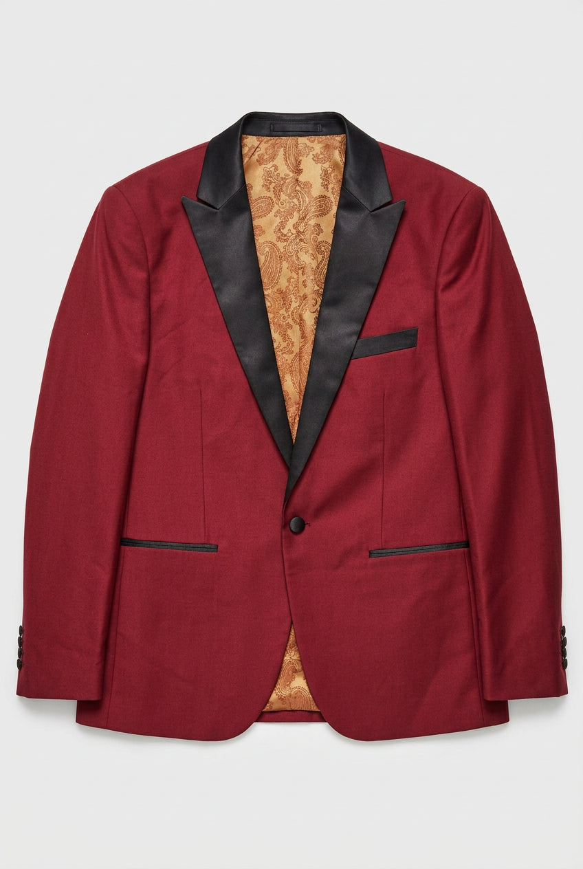 Costume trois pièces bordeaux pour homme avec revers en satin noir
