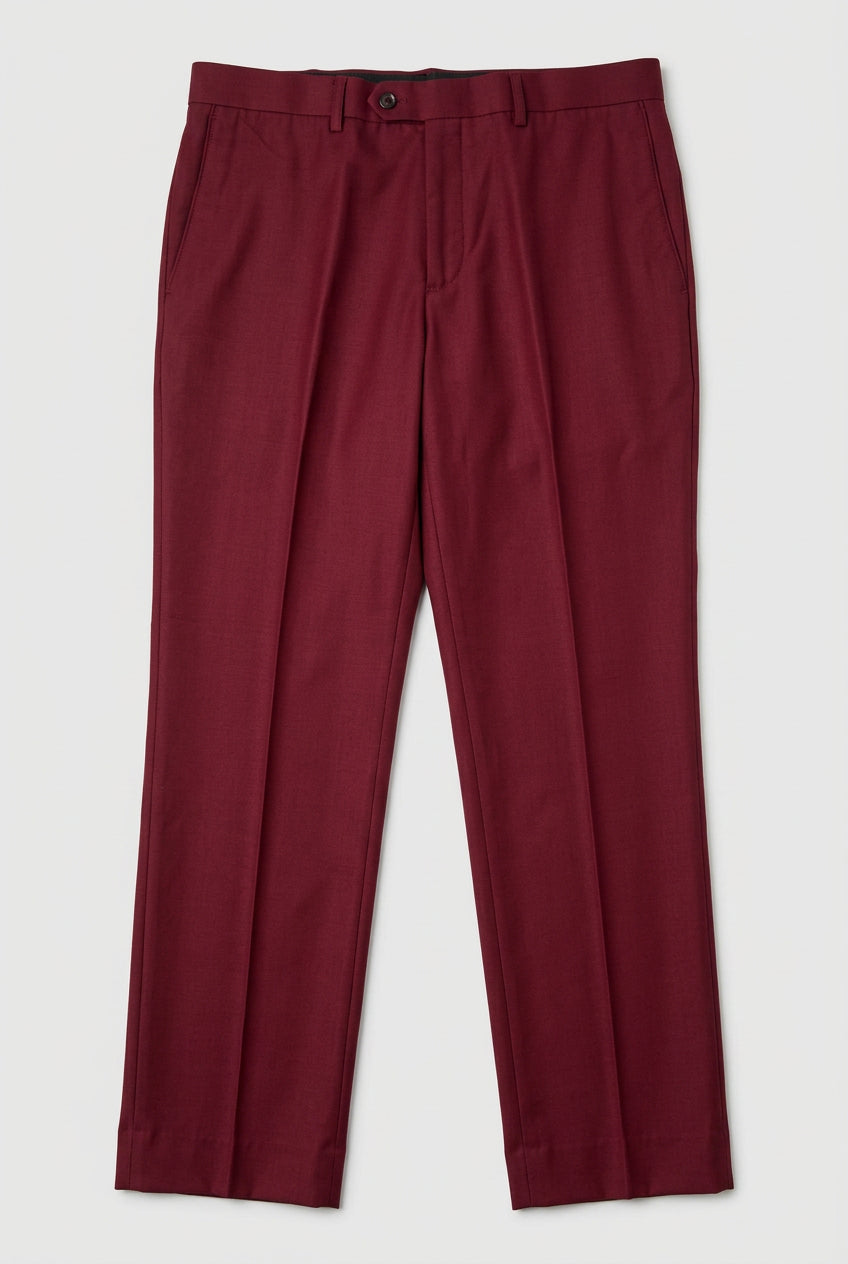 Costume trois pièces bordeaux pour homme avec revers en satin noir
