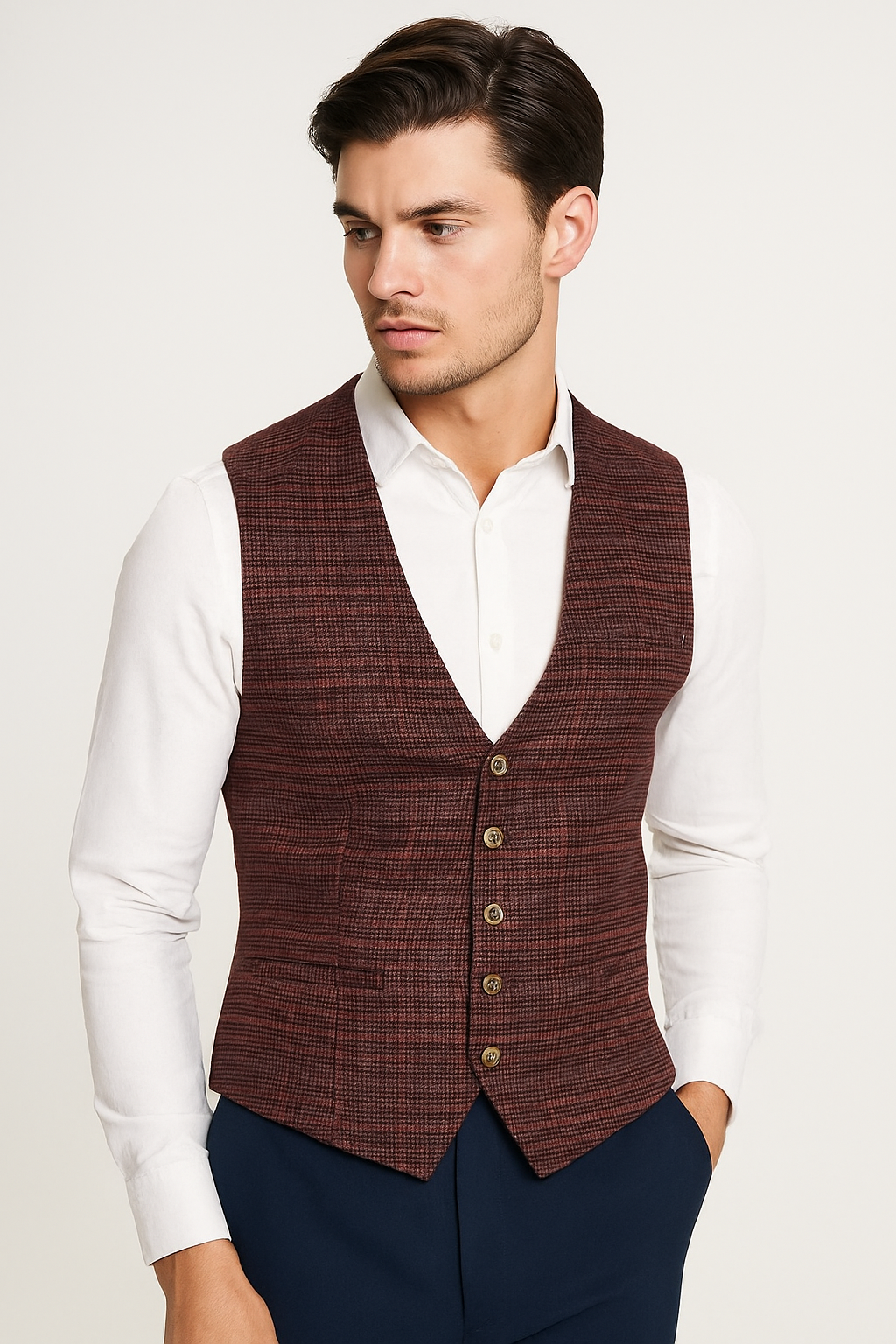 Men’s Burgundy Check Tweed-Style Waistcoat