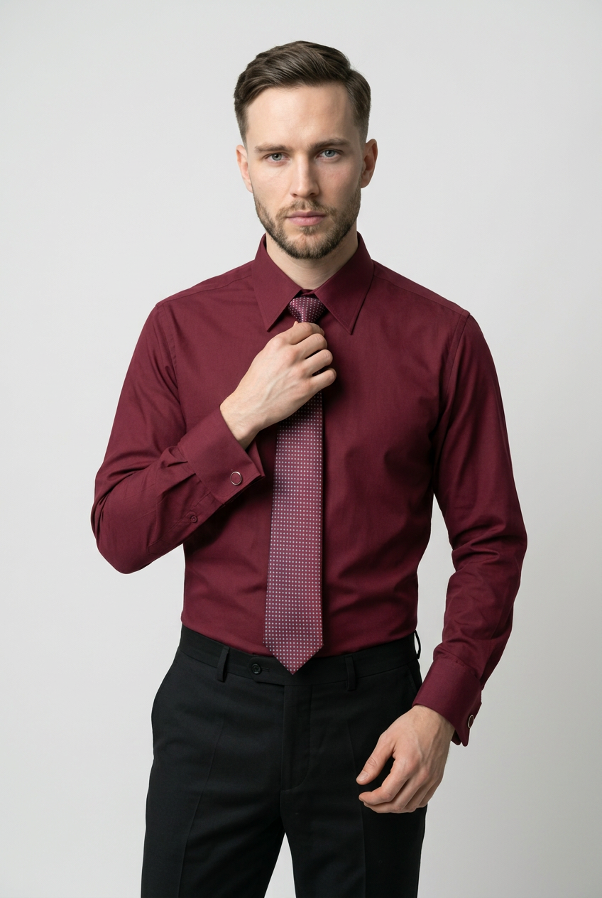 Men’s Burgundy Formal Shirt Set with Patterned Tie and Cufflinks