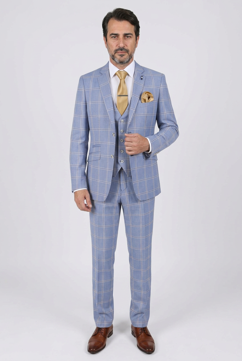 Abito da uomo a quadri 3 pezzi - Stile PARADISE Blu chiaro