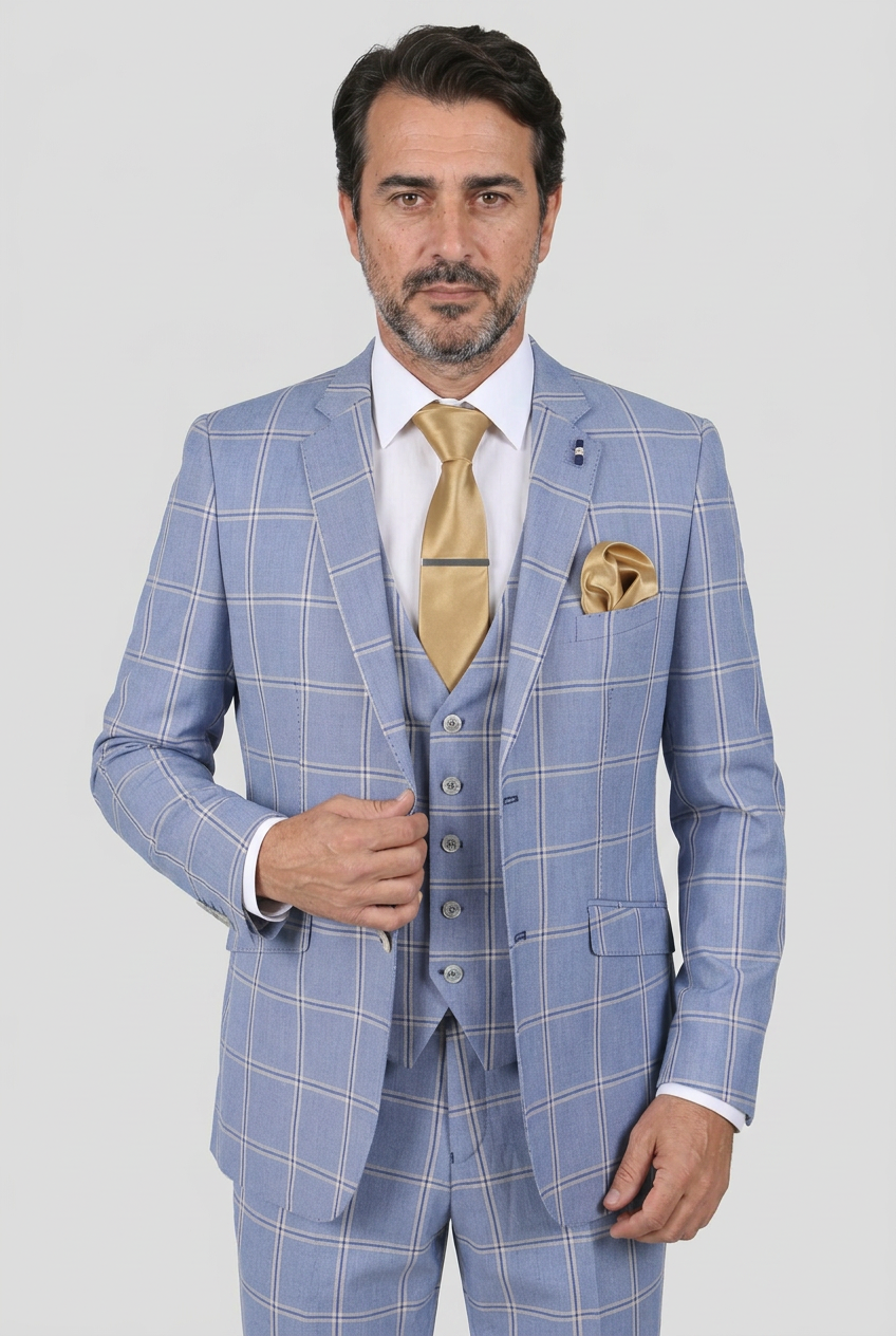 Abito da uomo a quadri 3 pezzi - Stile PARADISE Blu chiaro