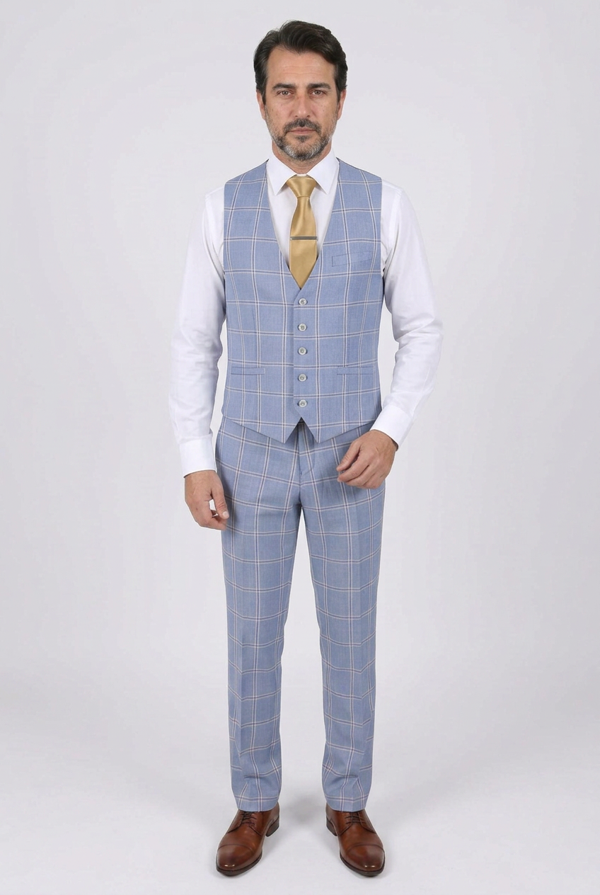 Abito da uomo a quadri 3 pezzi - Stile PARADISE Blu chiaro
