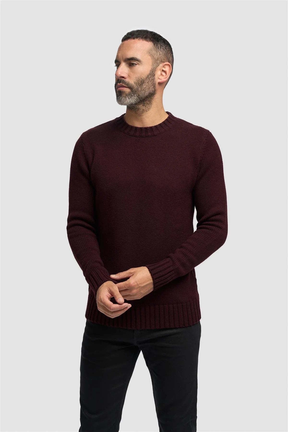 Men’s Classic Knit Pullover Jumper - FARREL - Wine Model Picture