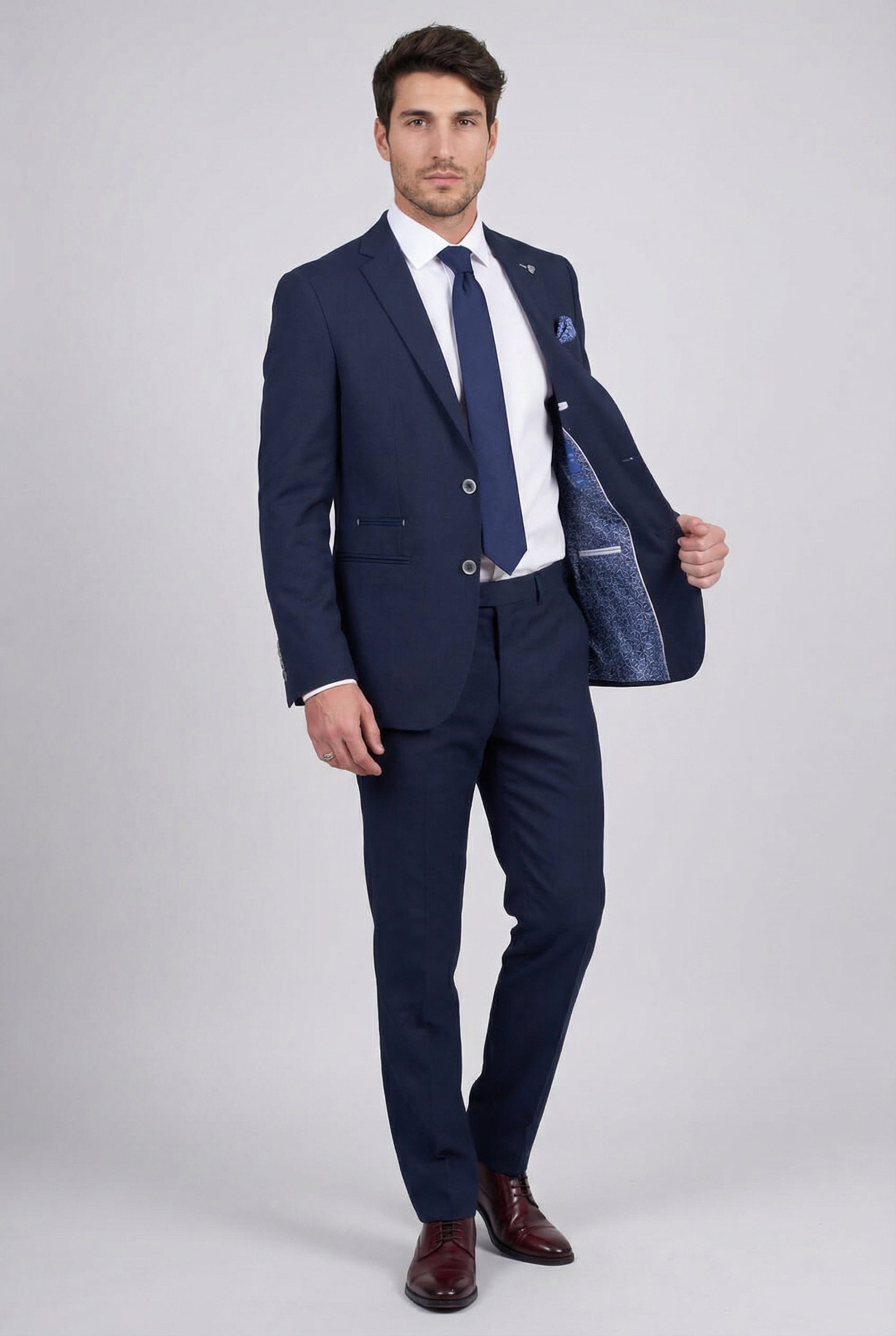 Men's Cotton Blend Self Patterned Suit - GIOVANNI Navy Linning Picture