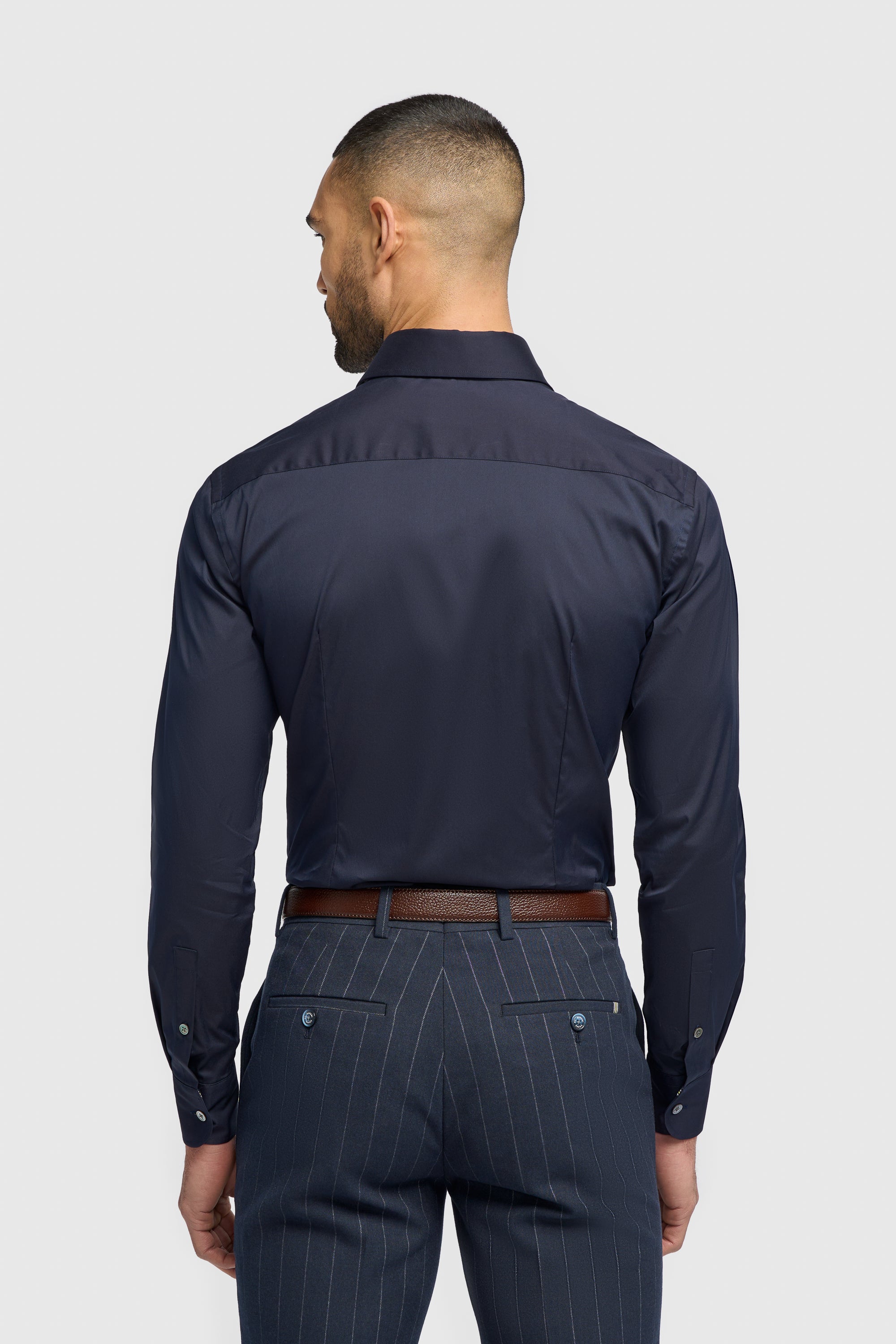 Men's Cotton Blend Slim Fit Dress Shirt - MONACO - Navy Blue Back Picture