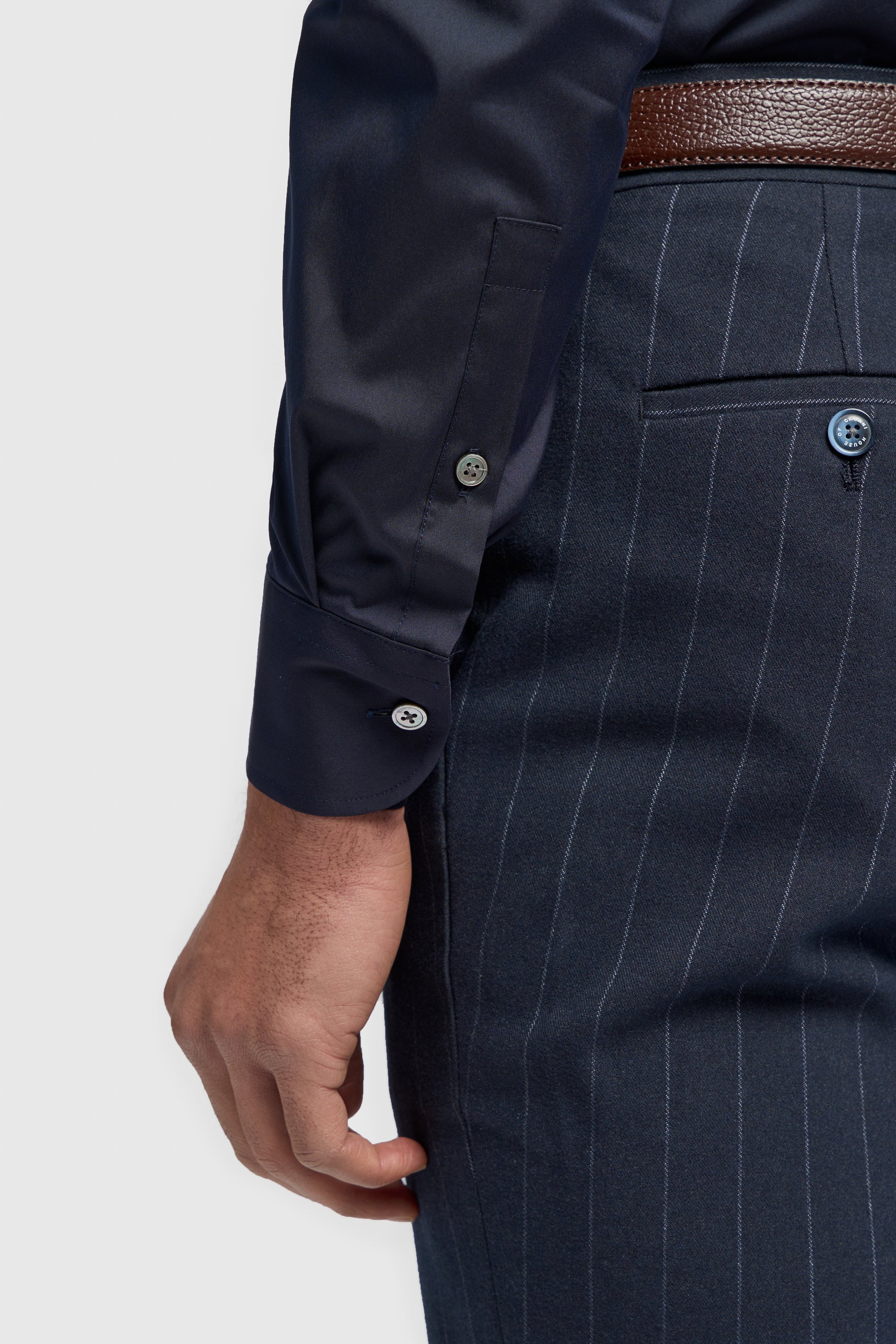 Men's Cotton Blend Slim Fit Dress Shirt - MONACO - Navy Blue Buttons Detail Picture