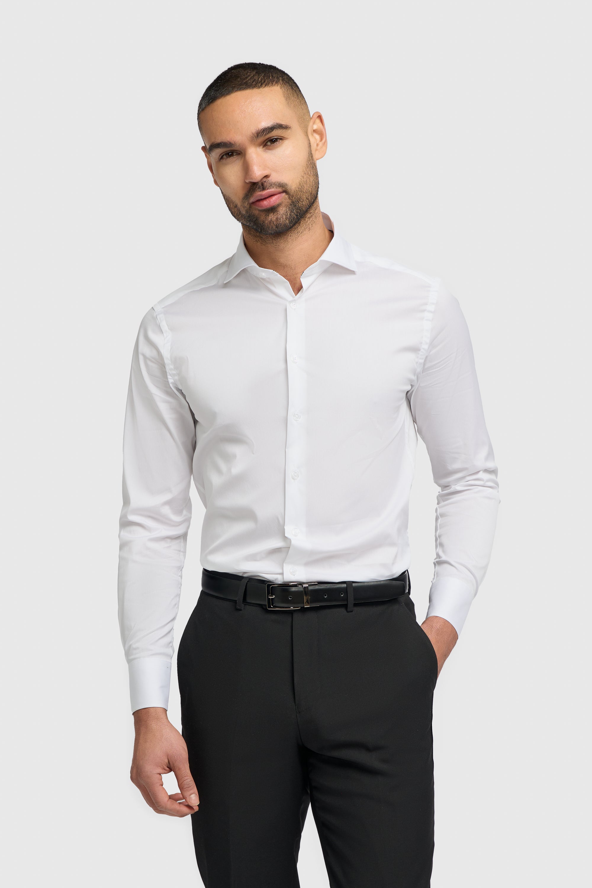 Men's Cotton Blend Slim Fit Dress Shirt - MONACO - White Model Picture