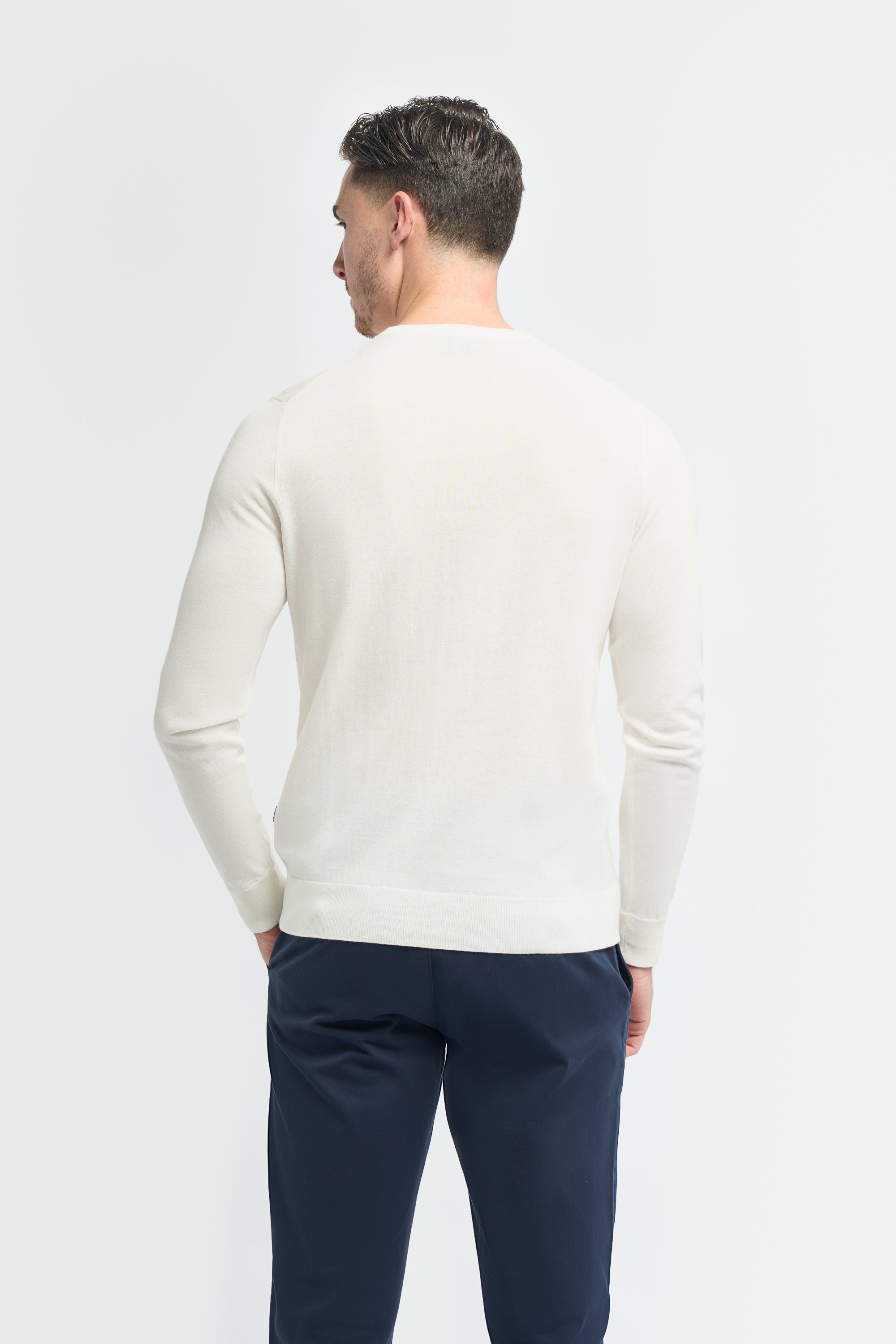 Men’s Cotton Crew Neck Knit Jumper - Savio - Ivory Back Picture