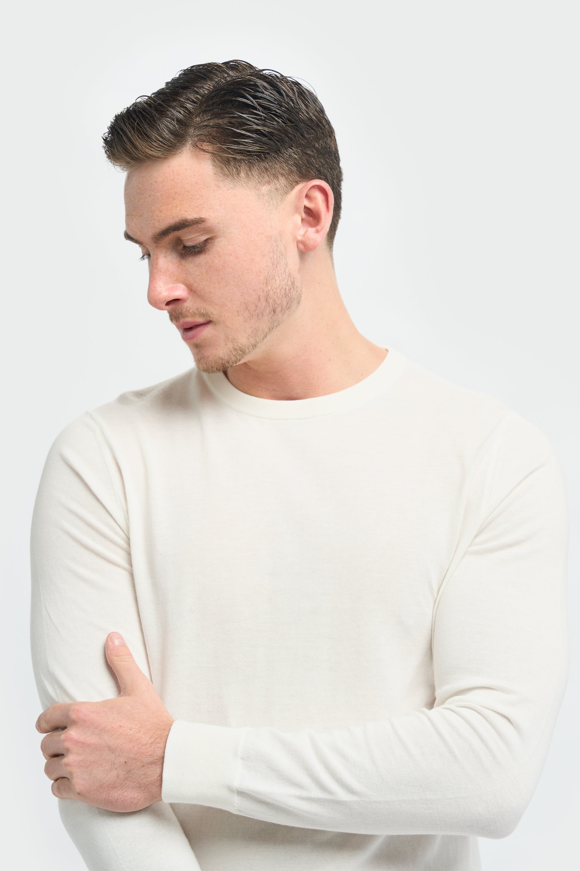 Men’s Cotton Crew Neck Knit Jumper - Savio - Ivory Detail Picture