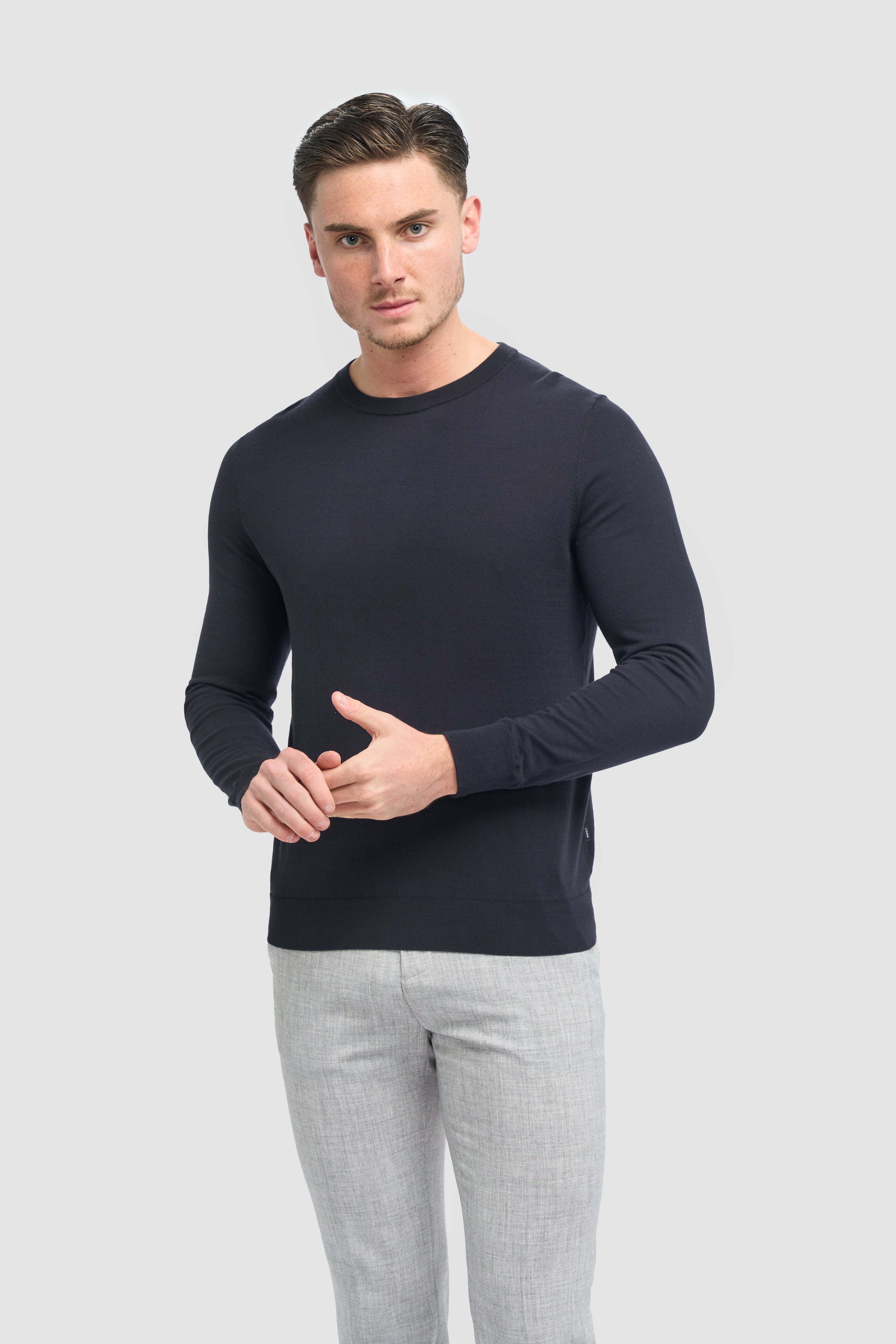 Men’s Cotton Crew Neck Knit Jumper - Savio - Navy Model Picture