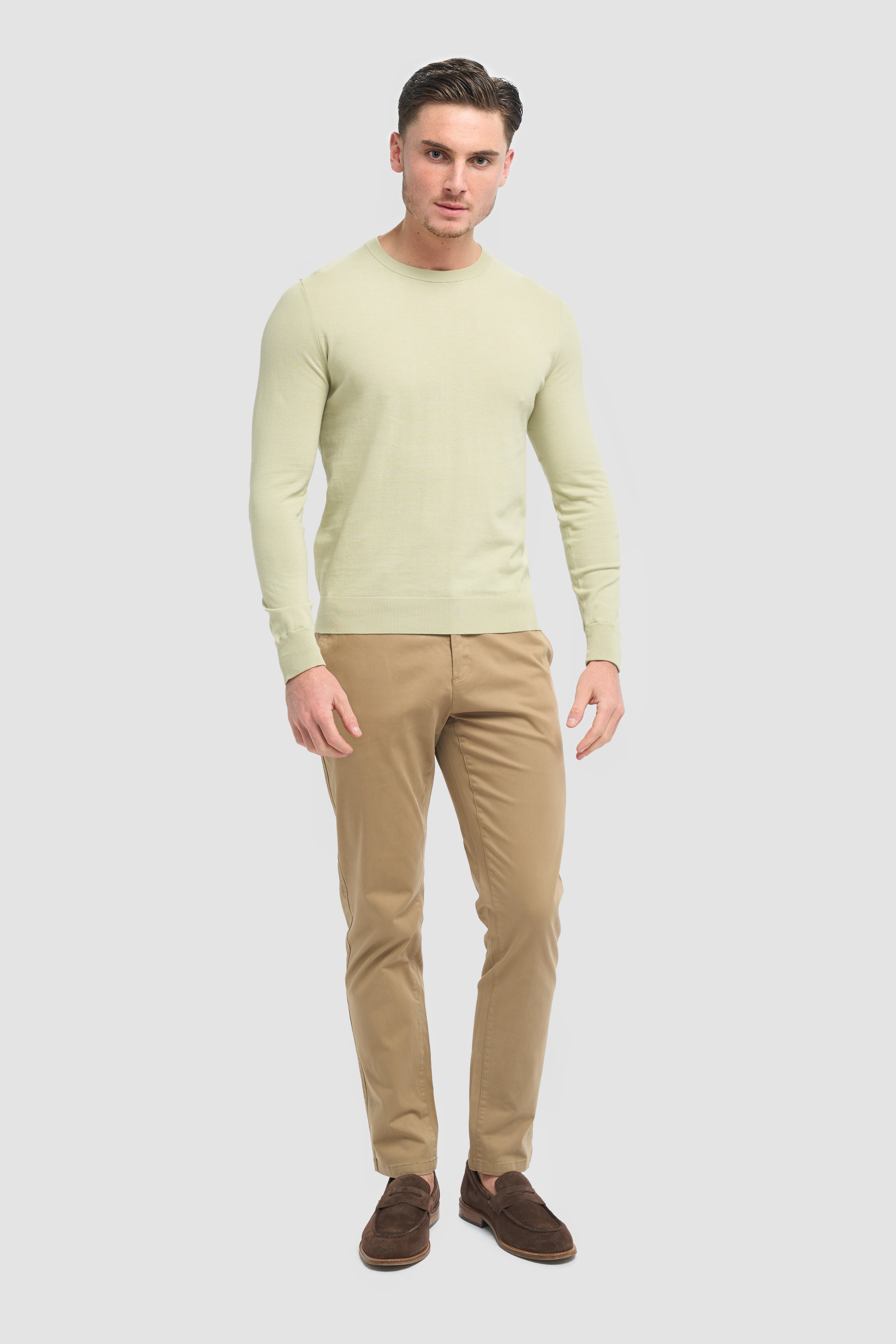 Men’s Cotton Crew Neck Knit Jumper - Savio - Sage Green Model Front Picture