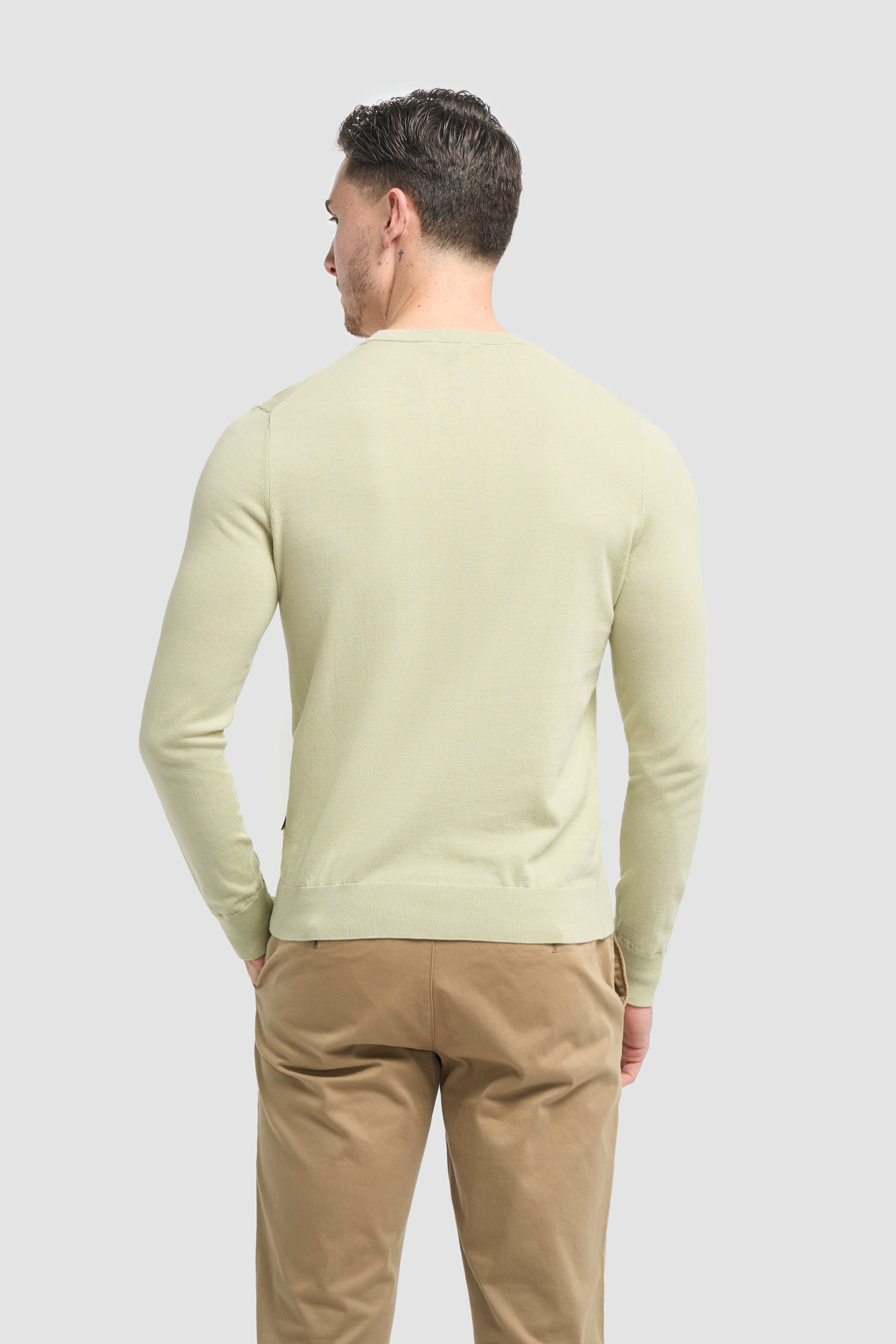 Men’s Cotton Crew Neck Knit Jumper - Savio - Sage Green Back Picture