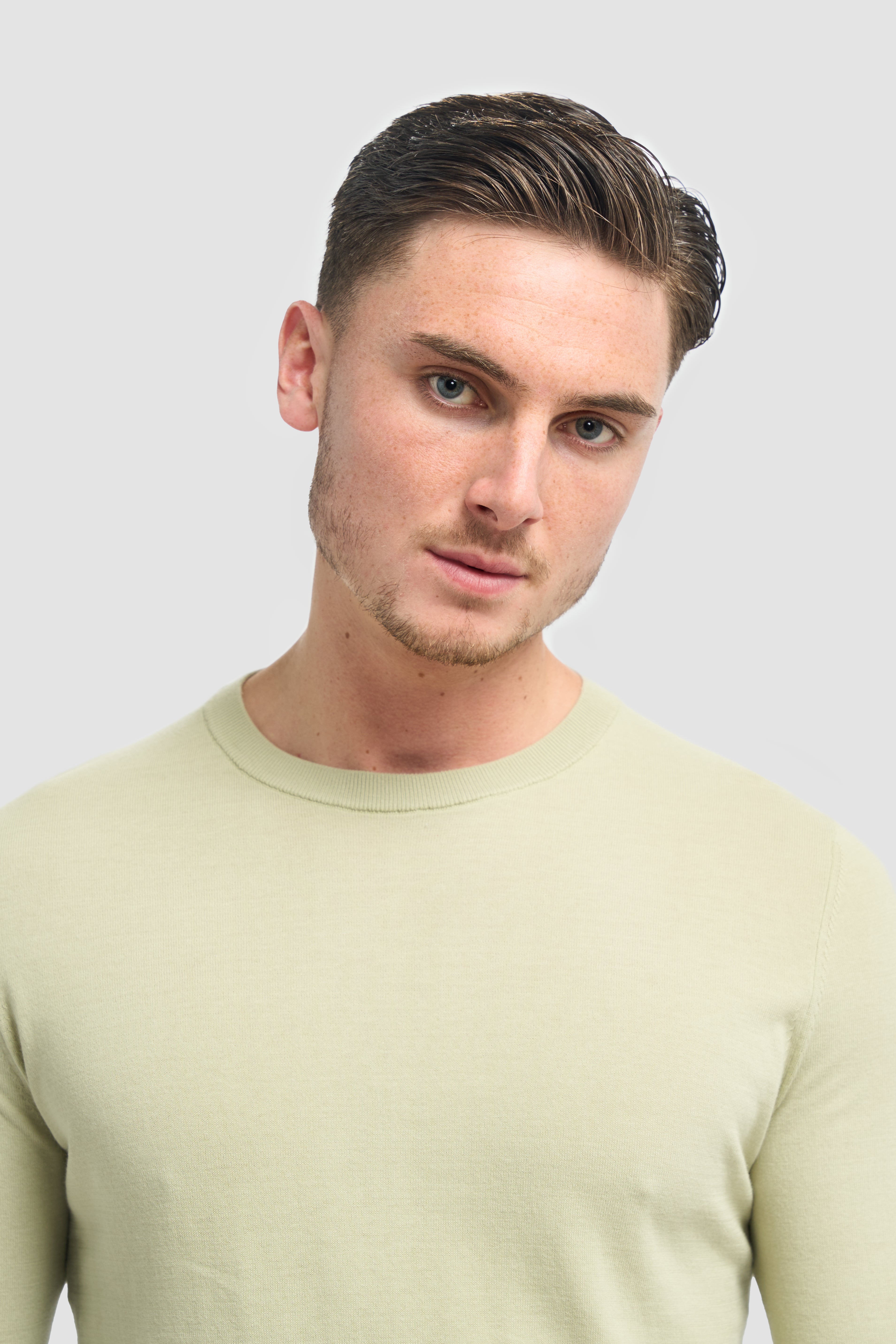 Men’s Cotton Crew Neck Knit Jumper - Savio - Sage Green Detail Picture