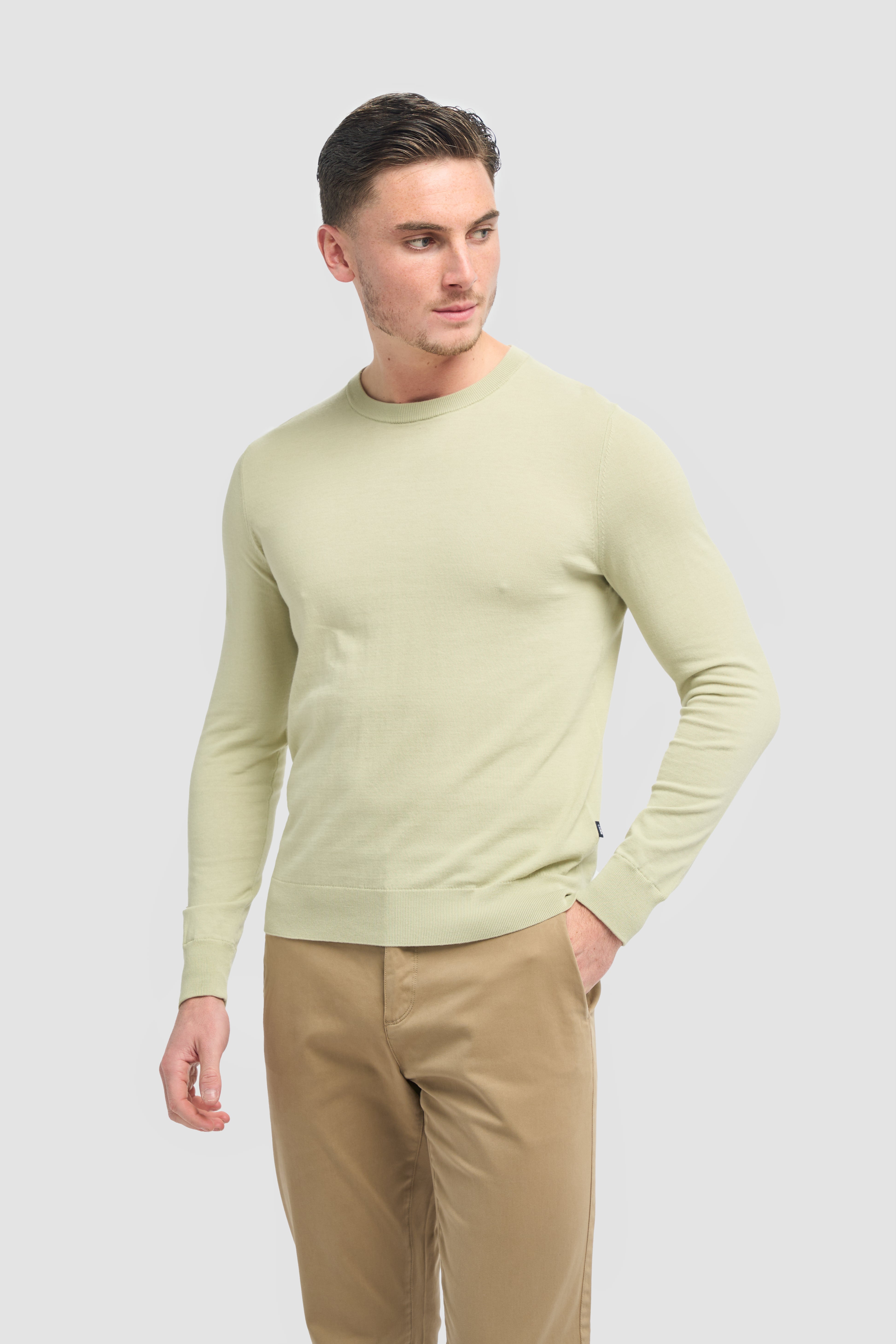 Men’s Cotton Crew Neck Knit Jumper - Savio - Sage Green Model Picture