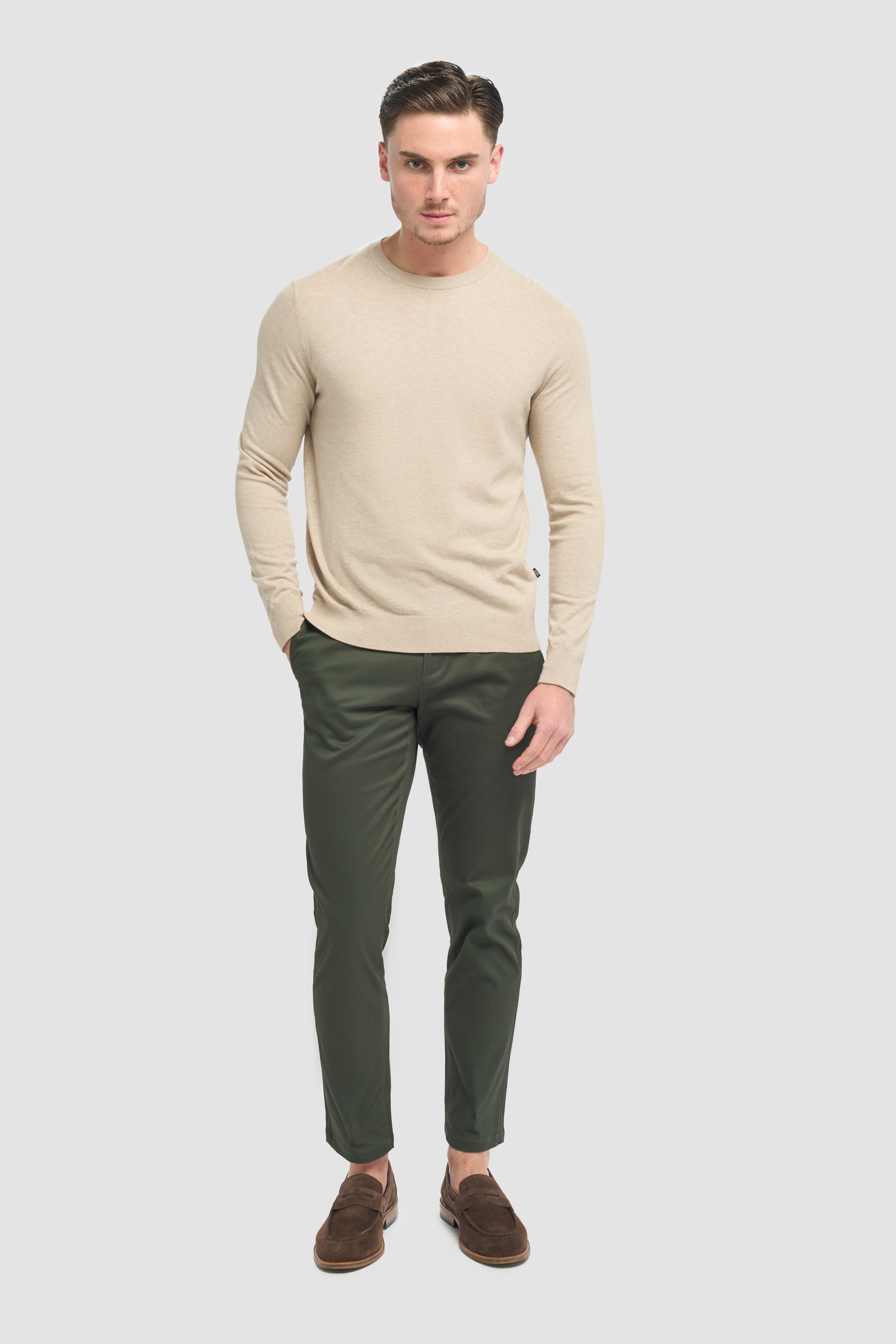 Men’s Cotton Crew Neck Knit Jumper - Savio- Sand Beige Model Front Picture