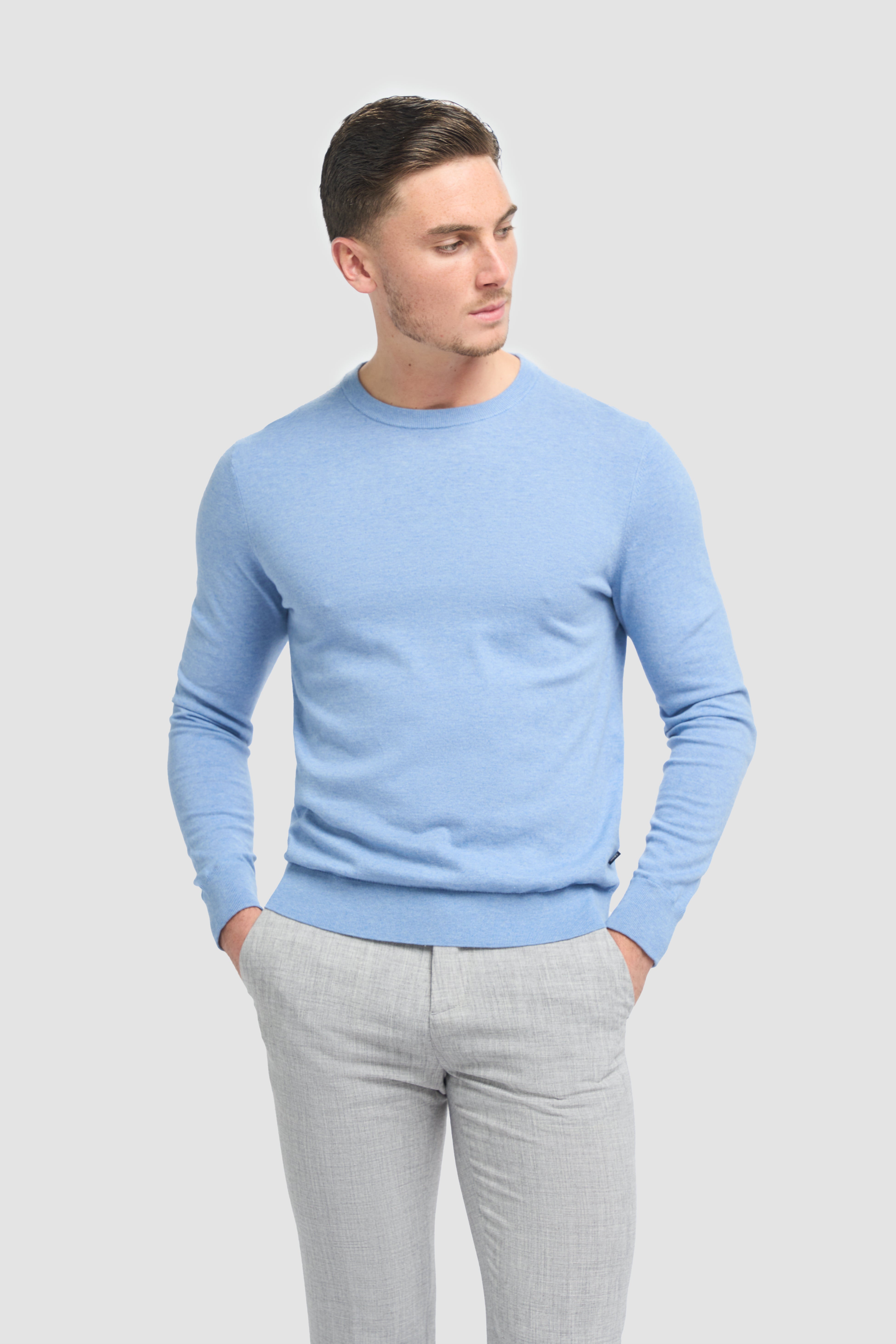 Men’s Cotton Crew Neck Knit Jumper - Savio - Sky Blue Model Picture