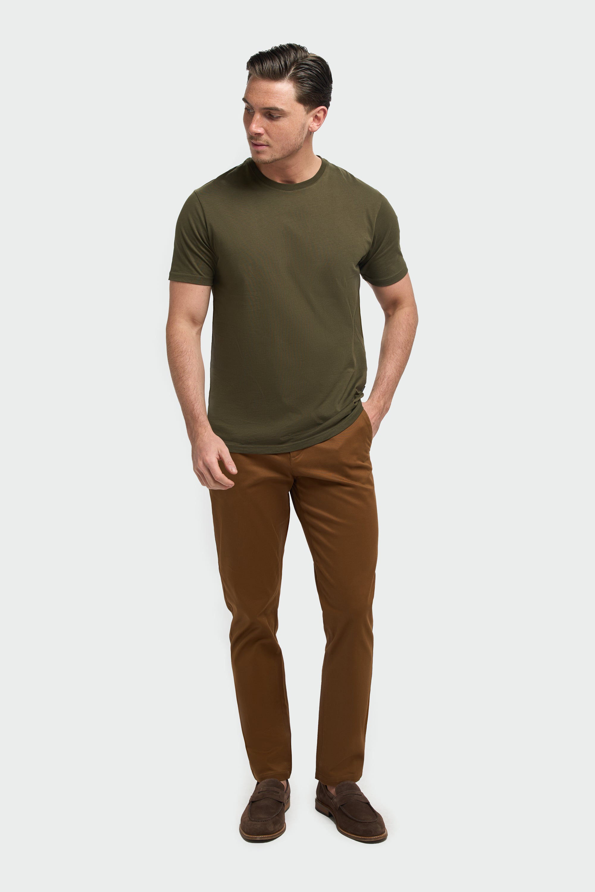 Men’s Cotton Crew Neck T-Shirt - Sanchez - Olive Green Model Front Picture