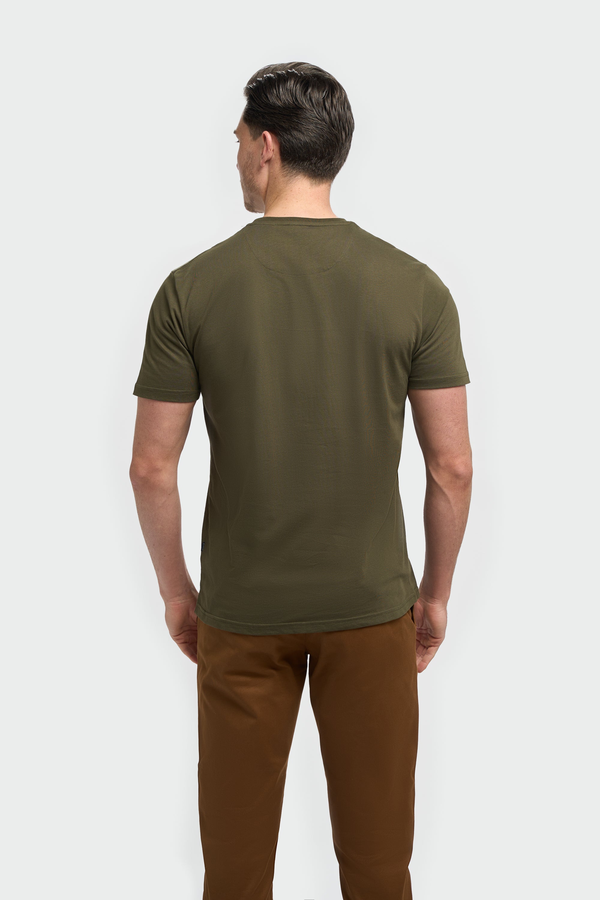 Men’s Cotton Crew Neck T-Shirt - Sanchez - Olive Green Model Back Picture