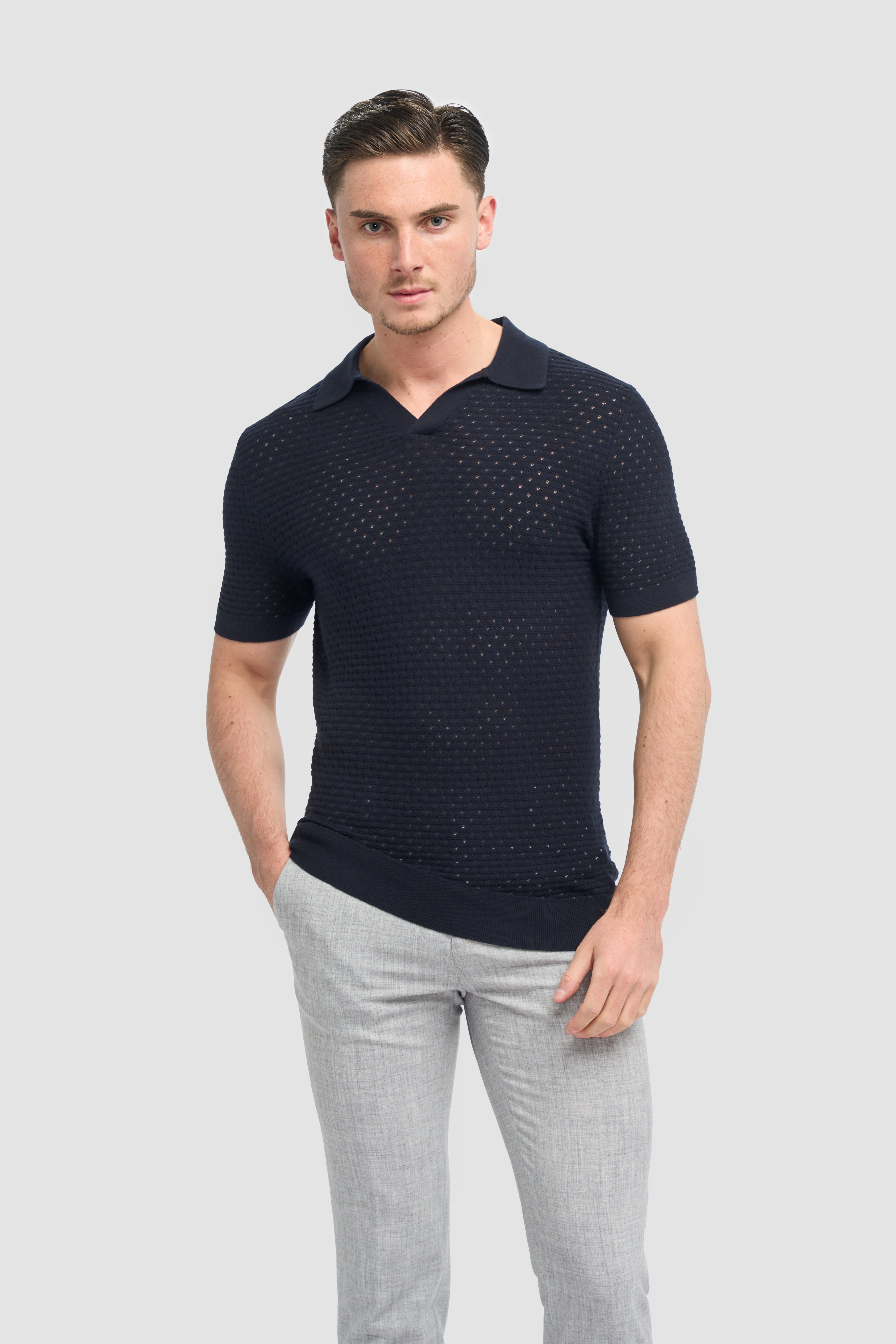 Men’s Cotton Knit V-Neck Polo Shirt - Axel - Navy Model Picture