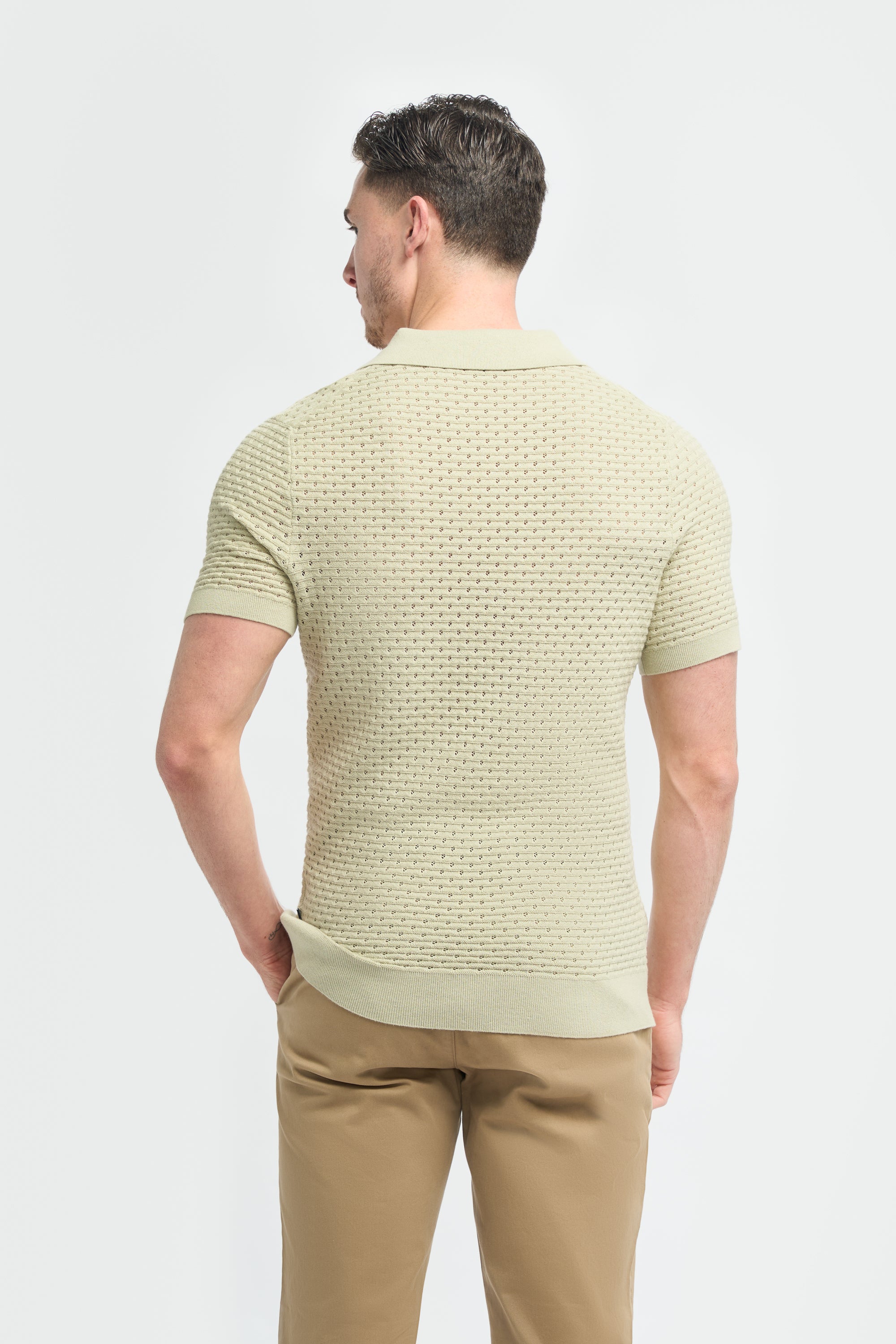 Men’s Cotton Knit V-Neck Polo Shirt - Axel - Sage Green Back Picture