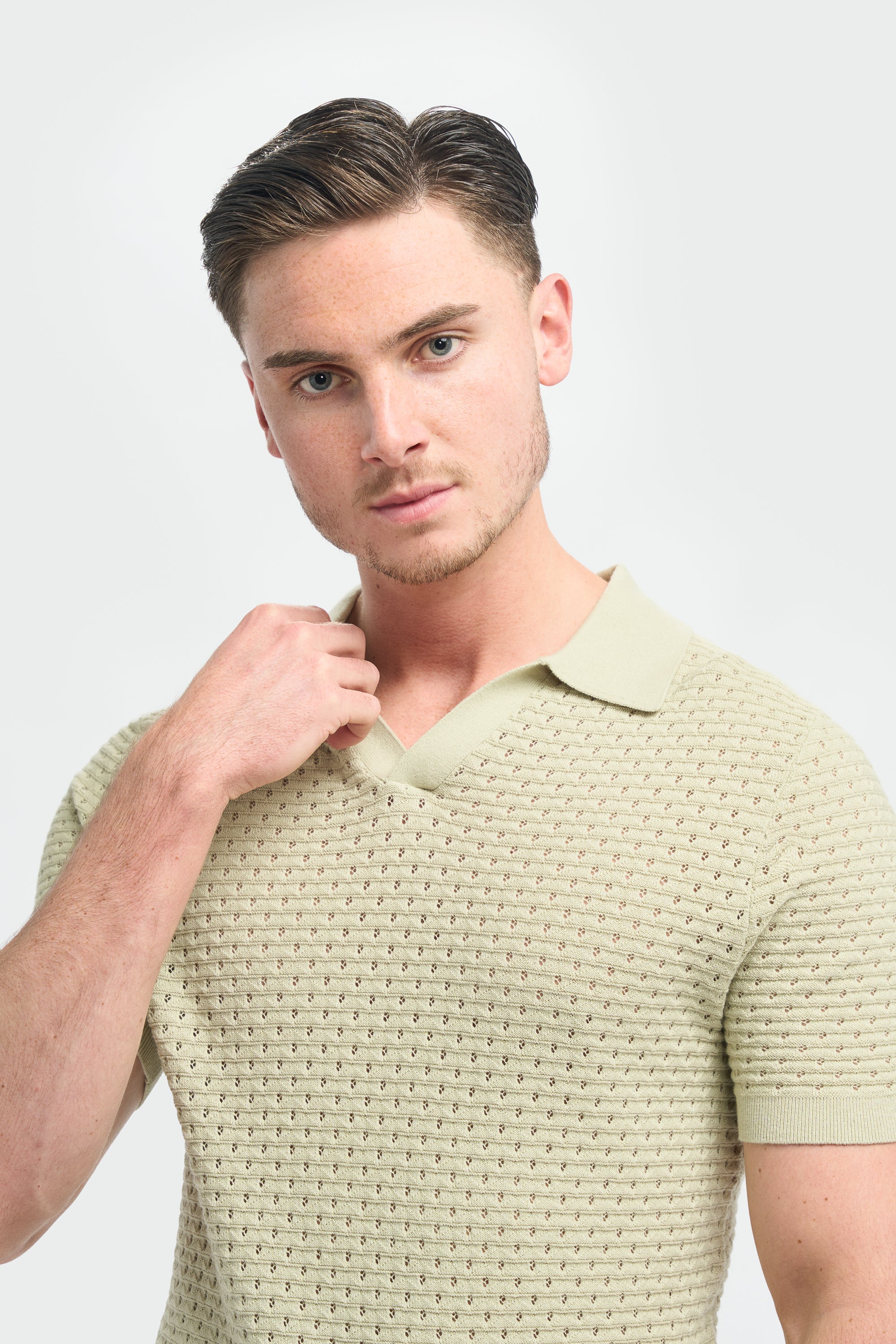 Men’s Cotton Knit V-Neck Polo Shirt - Axel - Sage Green Detail Picture