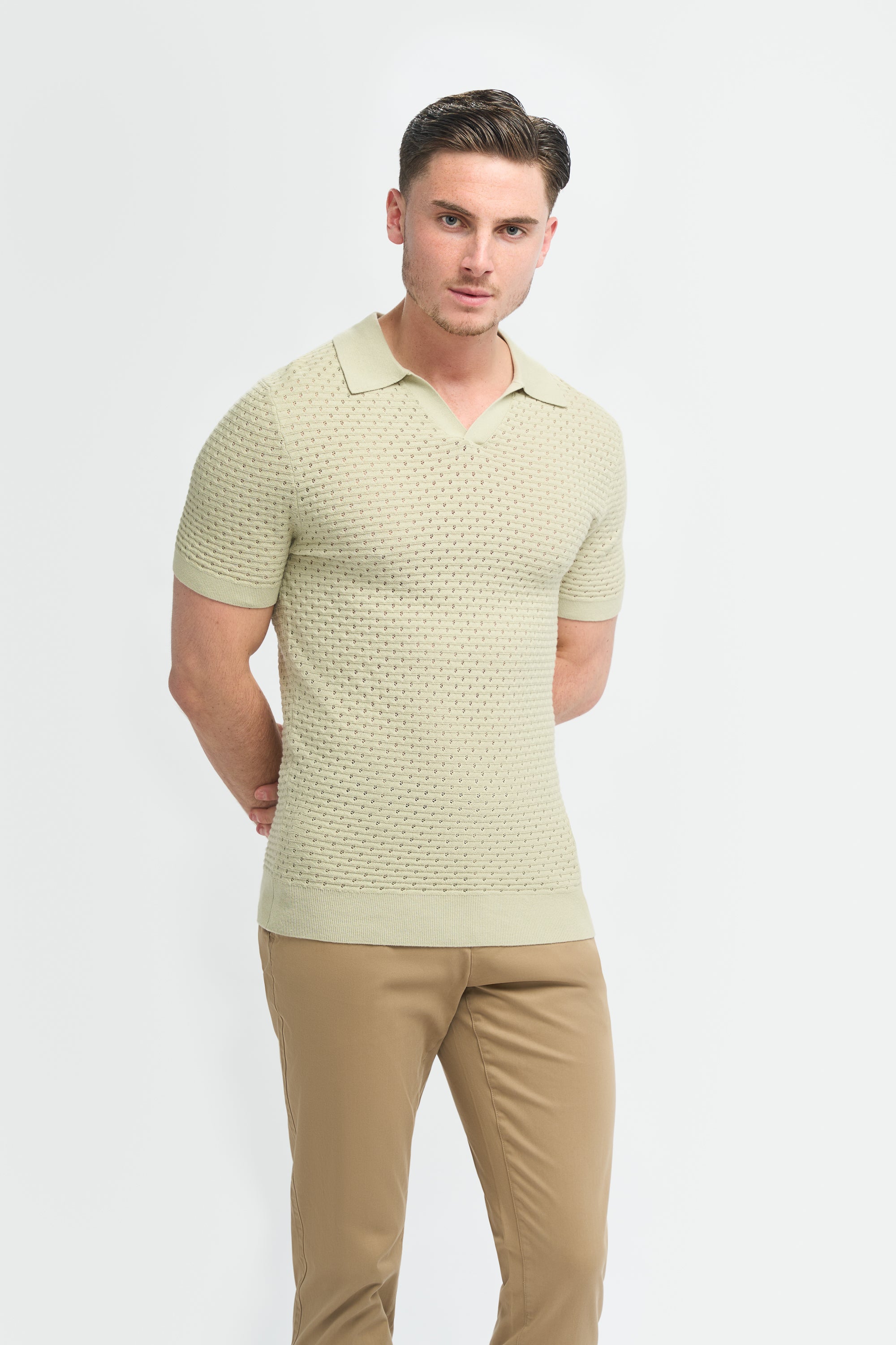 Men’s Cotton Knit V-Neck Polo Shirt - Axel - Sage Green Model Picture