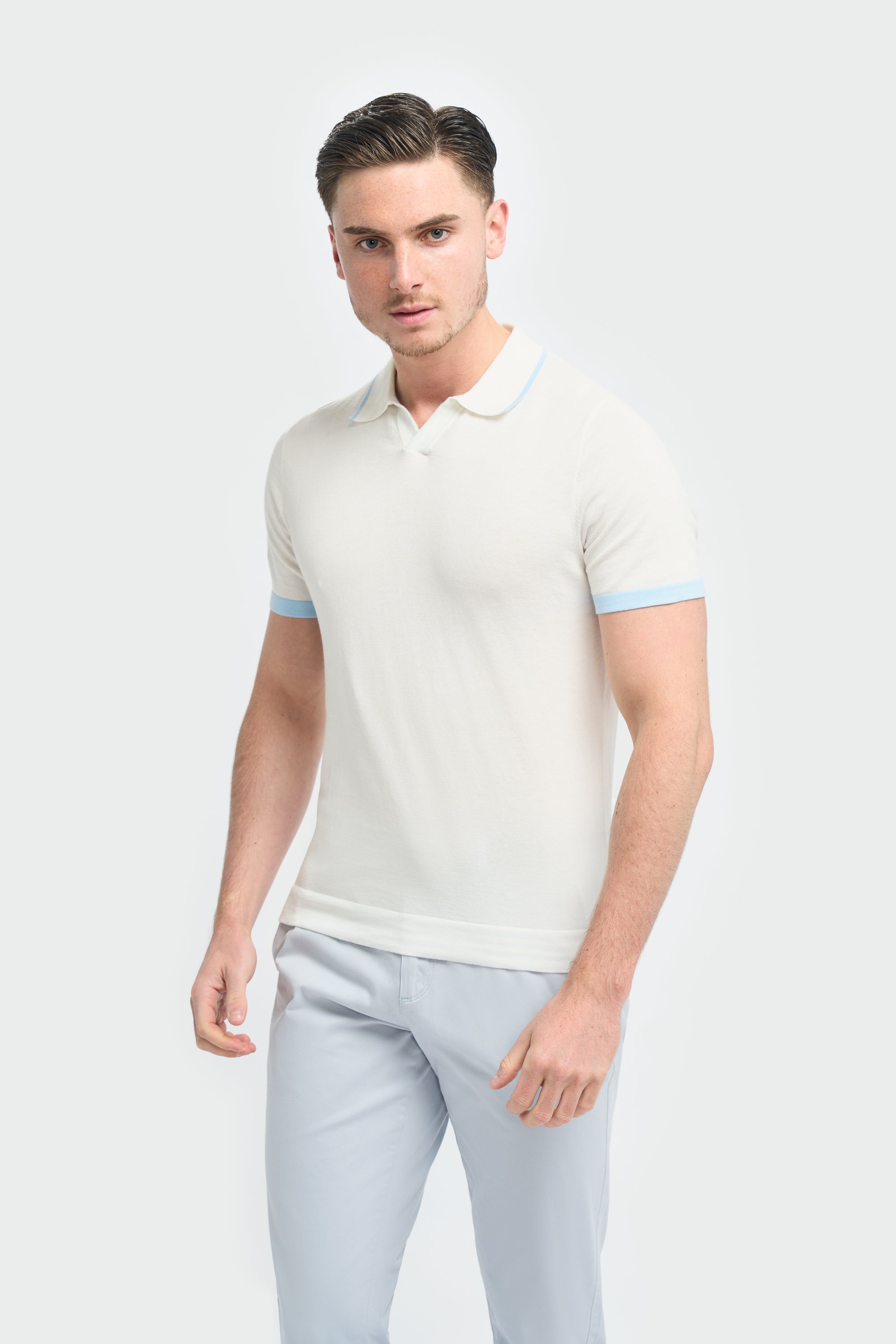 Men’s Cotton Knit V-Neck Polo Shirt with Tipped Trim - Enrico - Ivory Model Picture