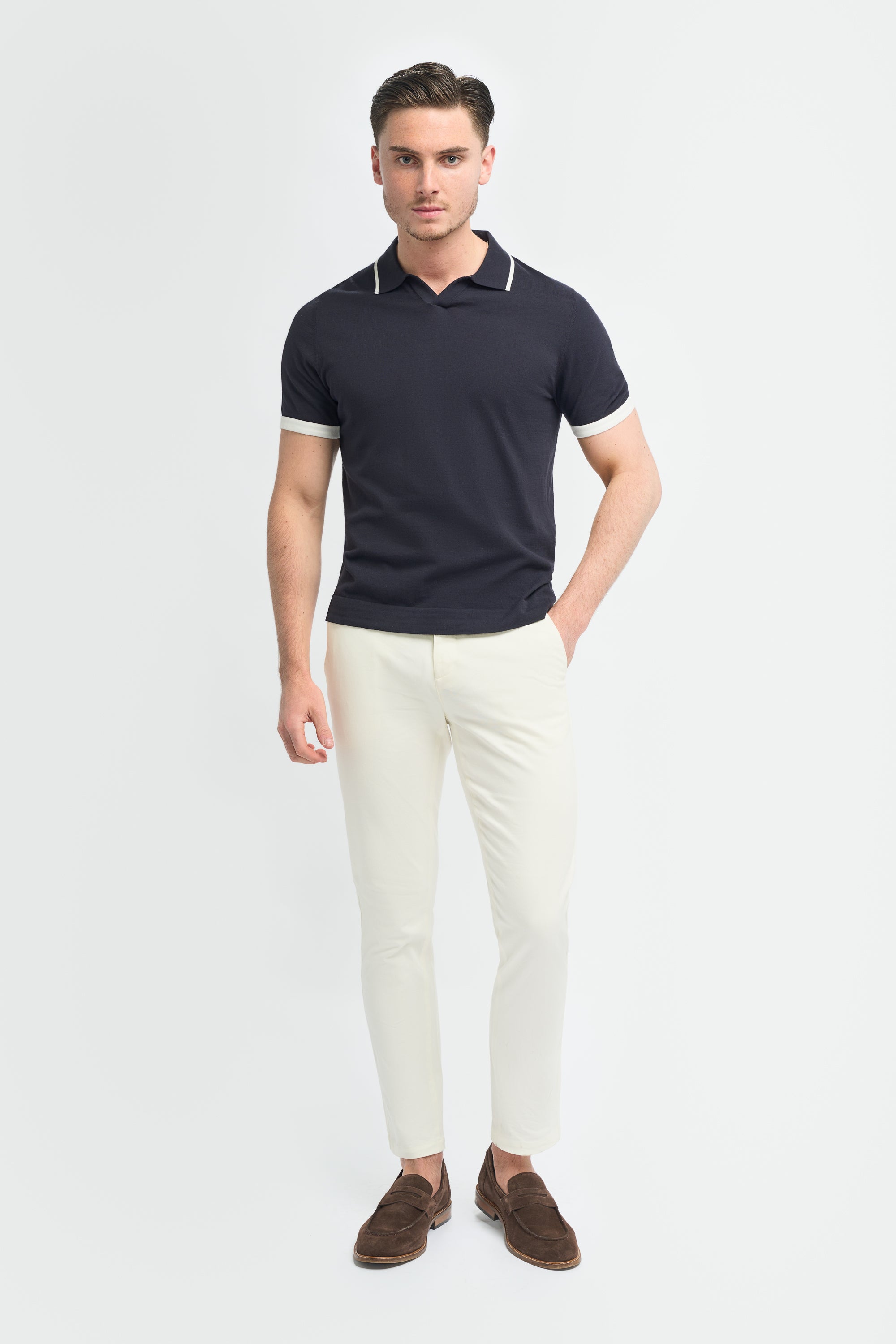 Men’s Cotton Knit V-Neck Polo Shirt with Tipped Trim - Enrico - Navy Model Front Picture