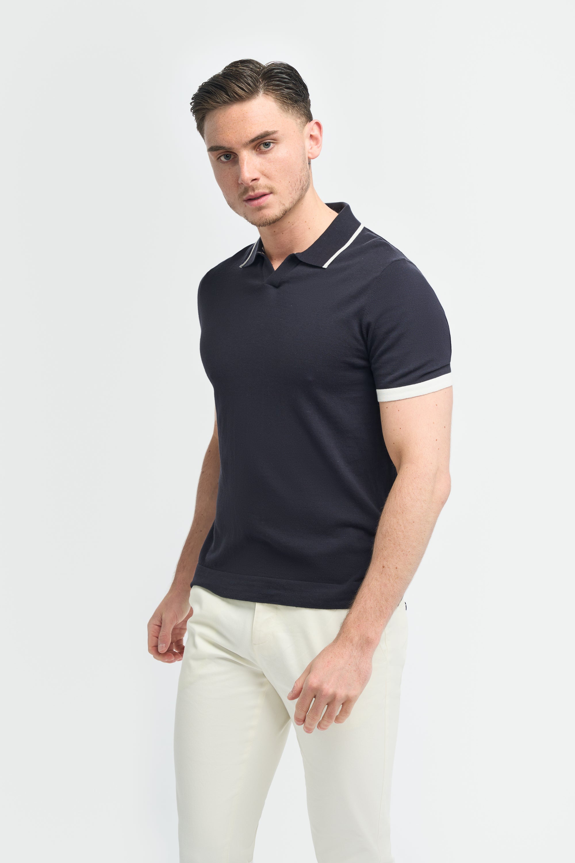 Men’s Cotton Knit V-Neck Polo Shirt with Tipped Trim - Enrico - Navy Model Picture