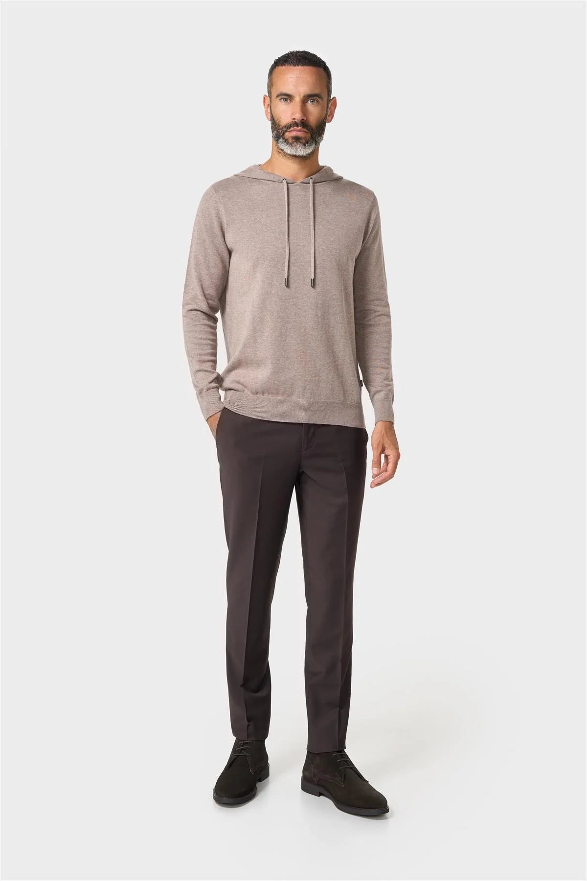 Men's Cotton Knitted Hooded Jumper – Cavani Pablo Light Brown model front picture