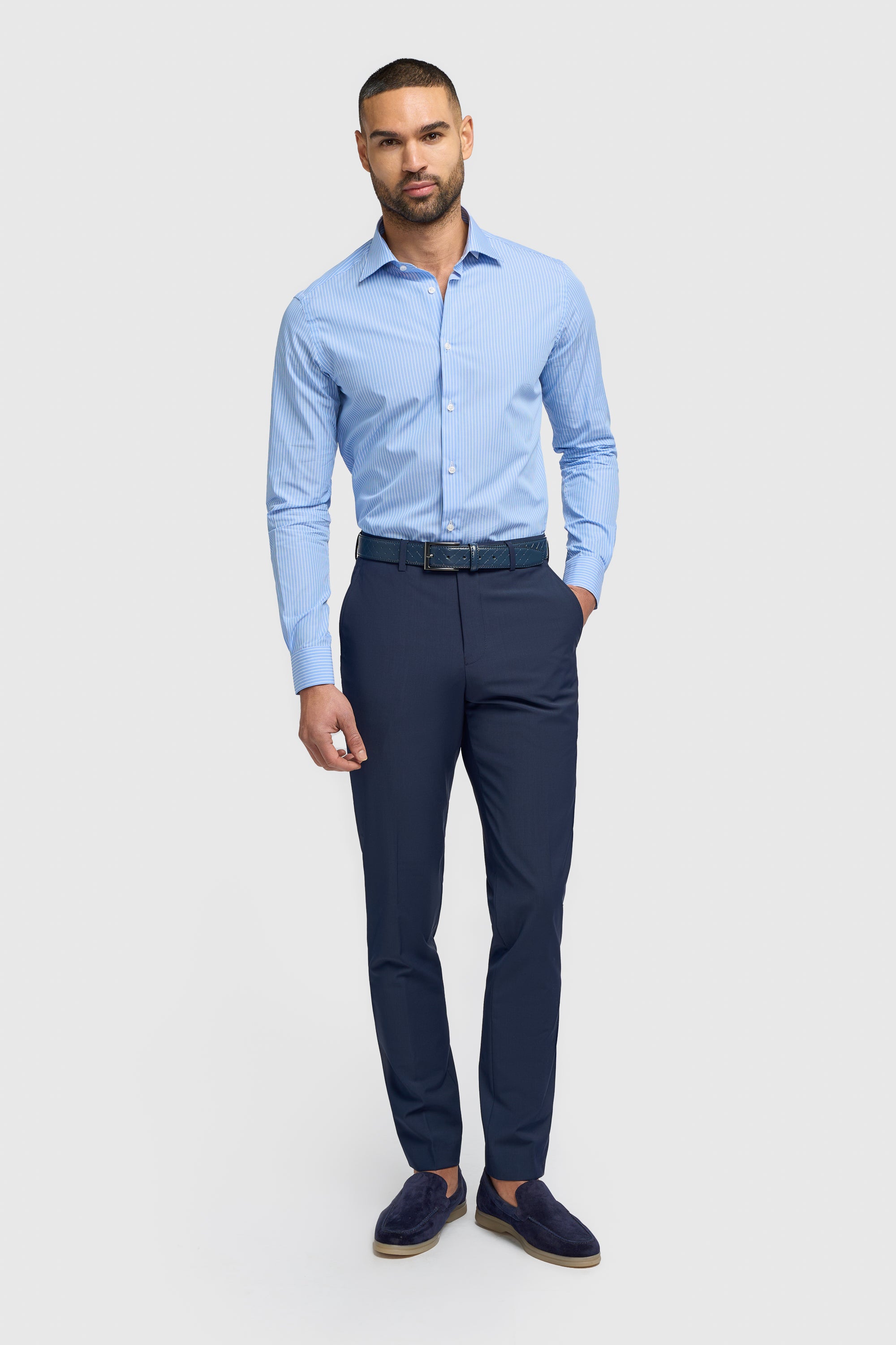 Men’s Cotton Pinstripe Long Sleeve Shirt - Murat - Light Blue Front Picture