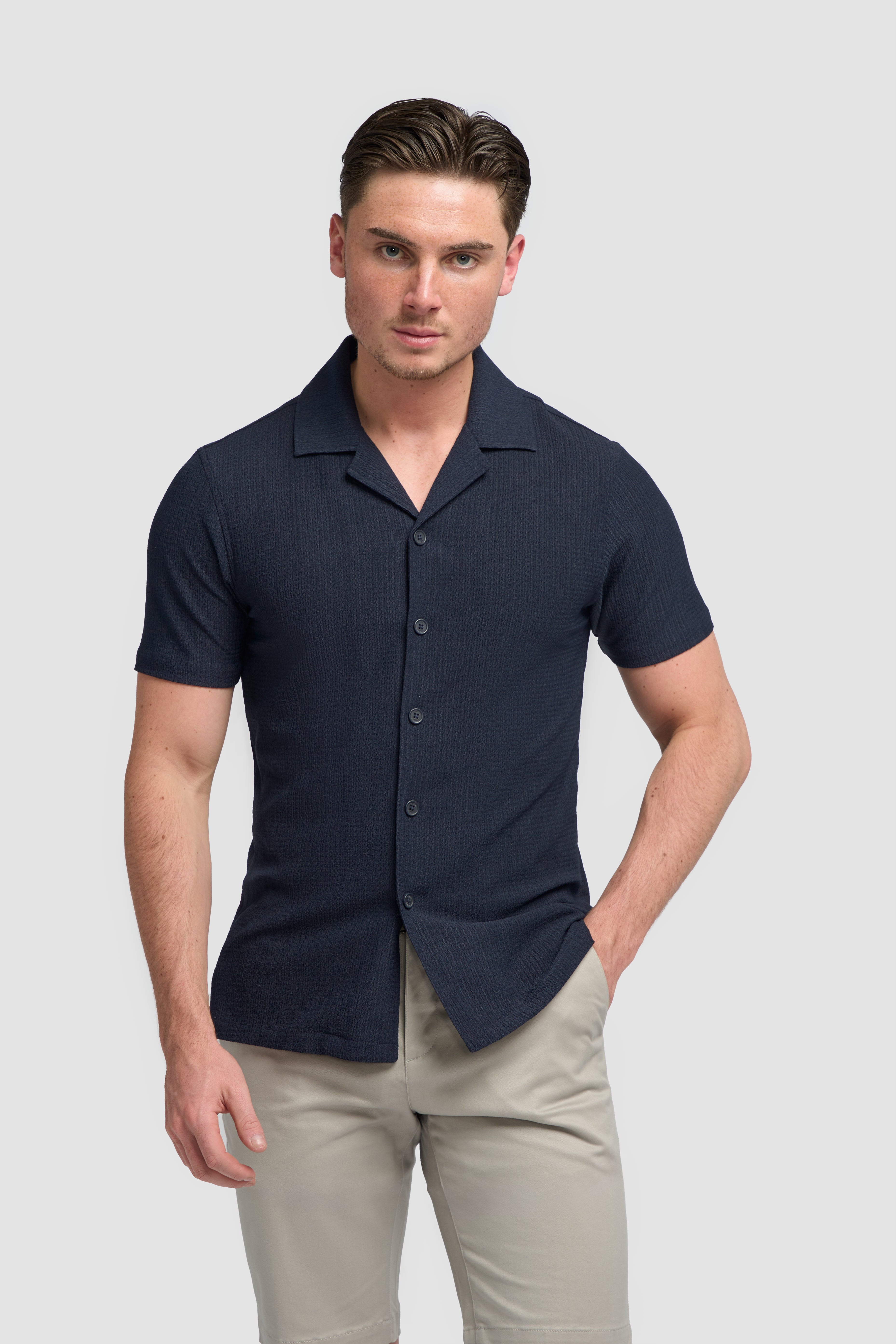 Men’s Cotton Short Sleeve Knit Shirt - Silva - Navy Model Picture