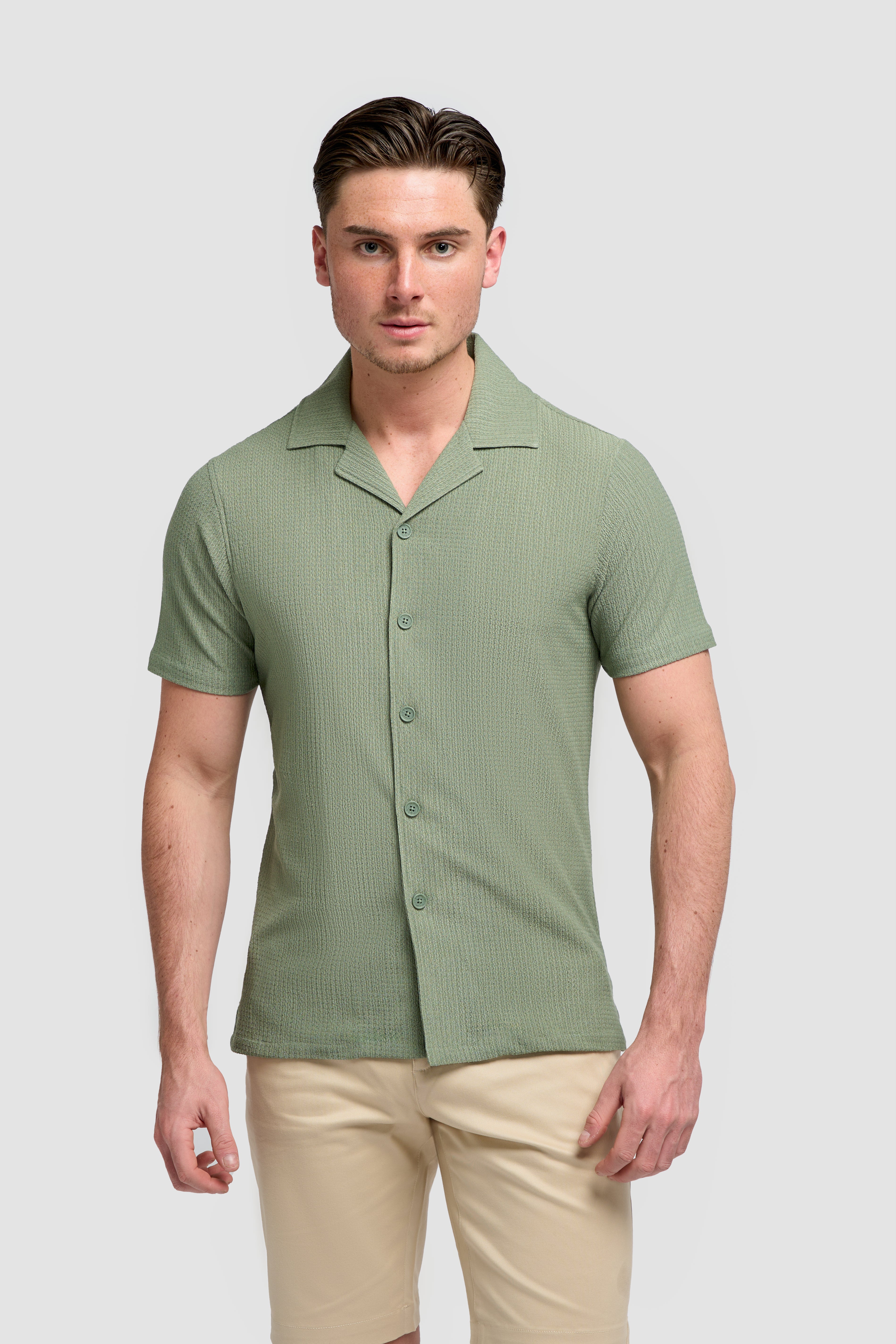 Men’s Cotton Short Sleeve Knit Shirt - Silva - Sage Green Model Picture