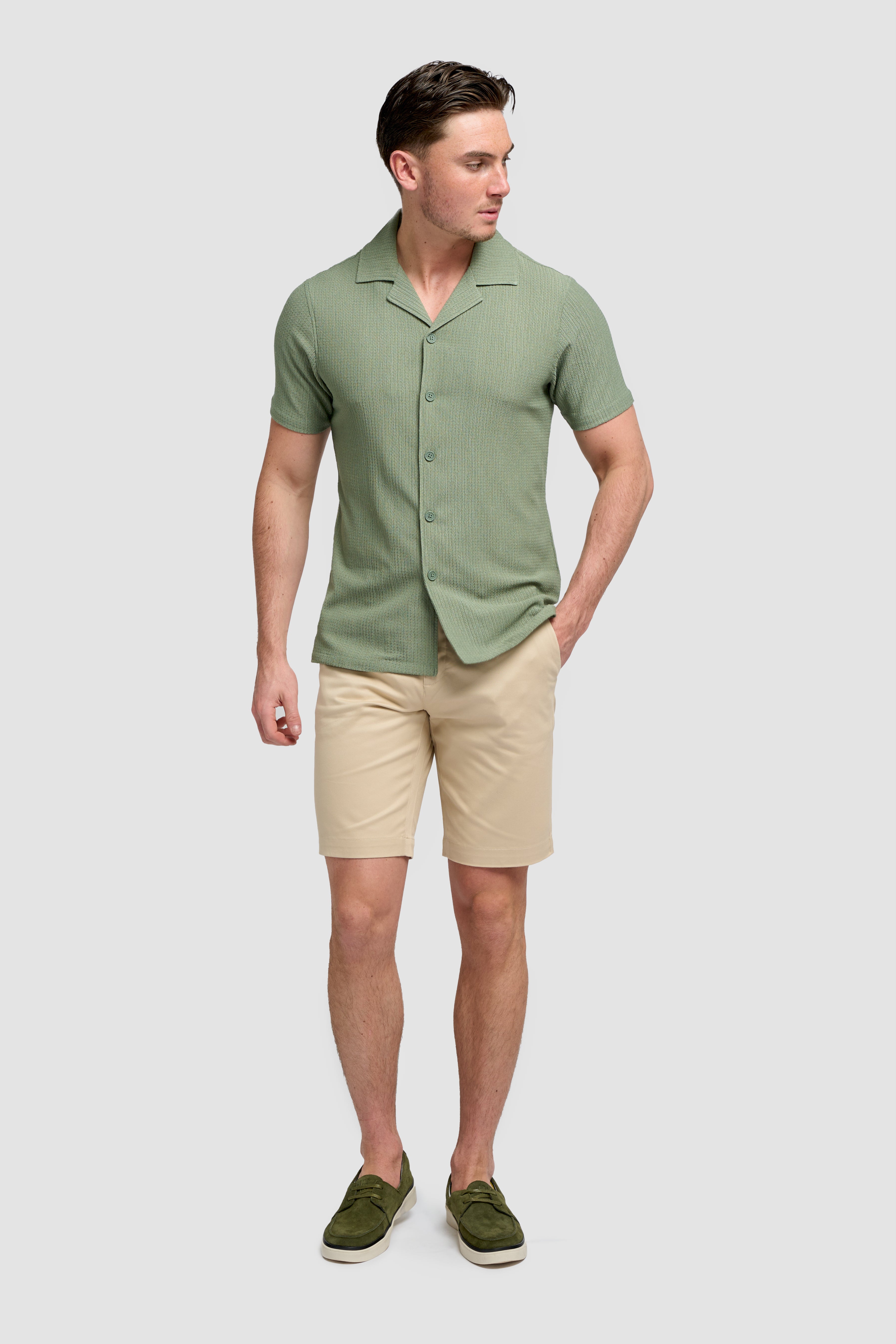 Men’s Cotton Short Sleeve Knit Shirt - Silva - Sage Green Model Front Picture