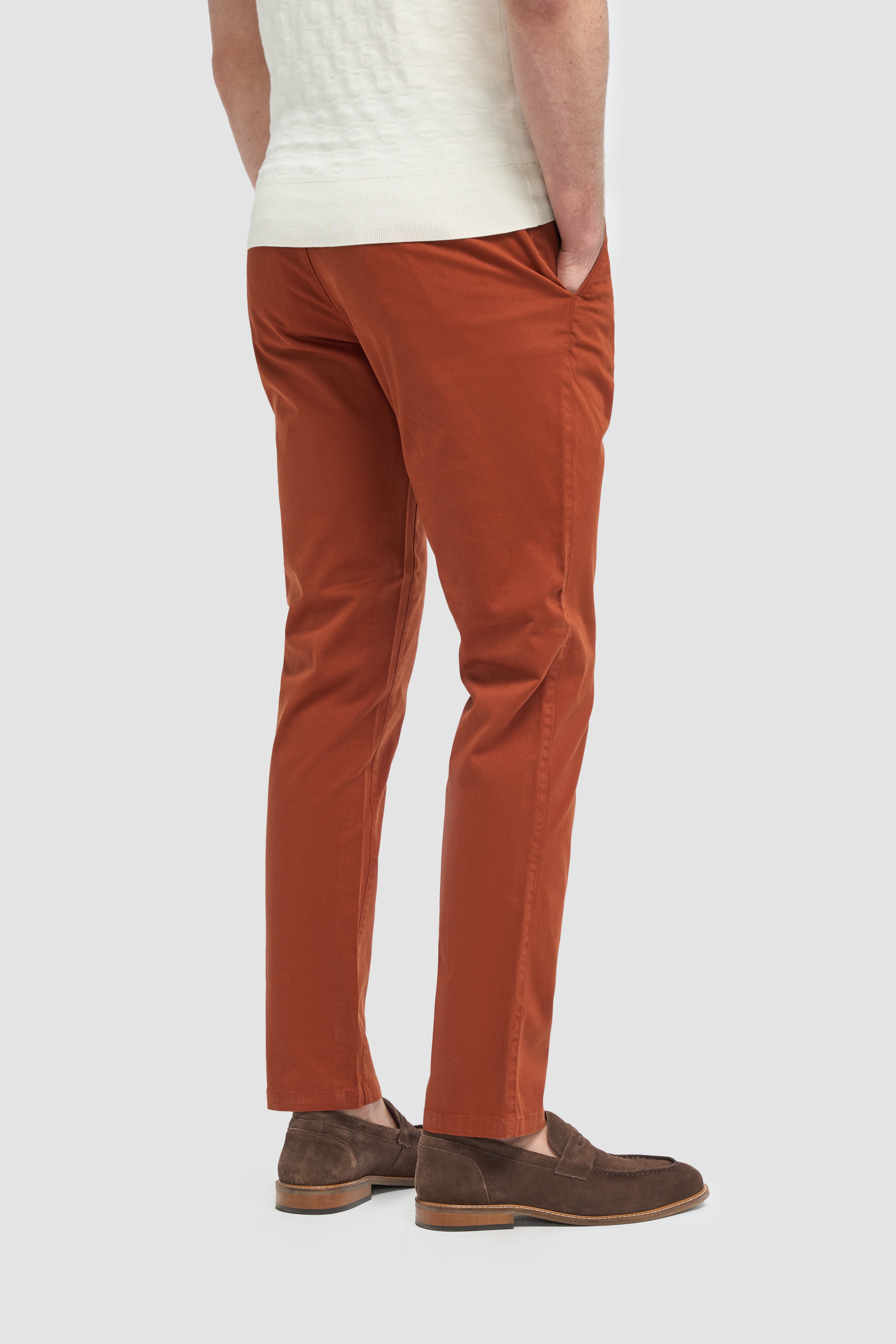 Men’s Cotton Slim Fit Chino Trousers - Hudson - Rust Trousers Back Picture