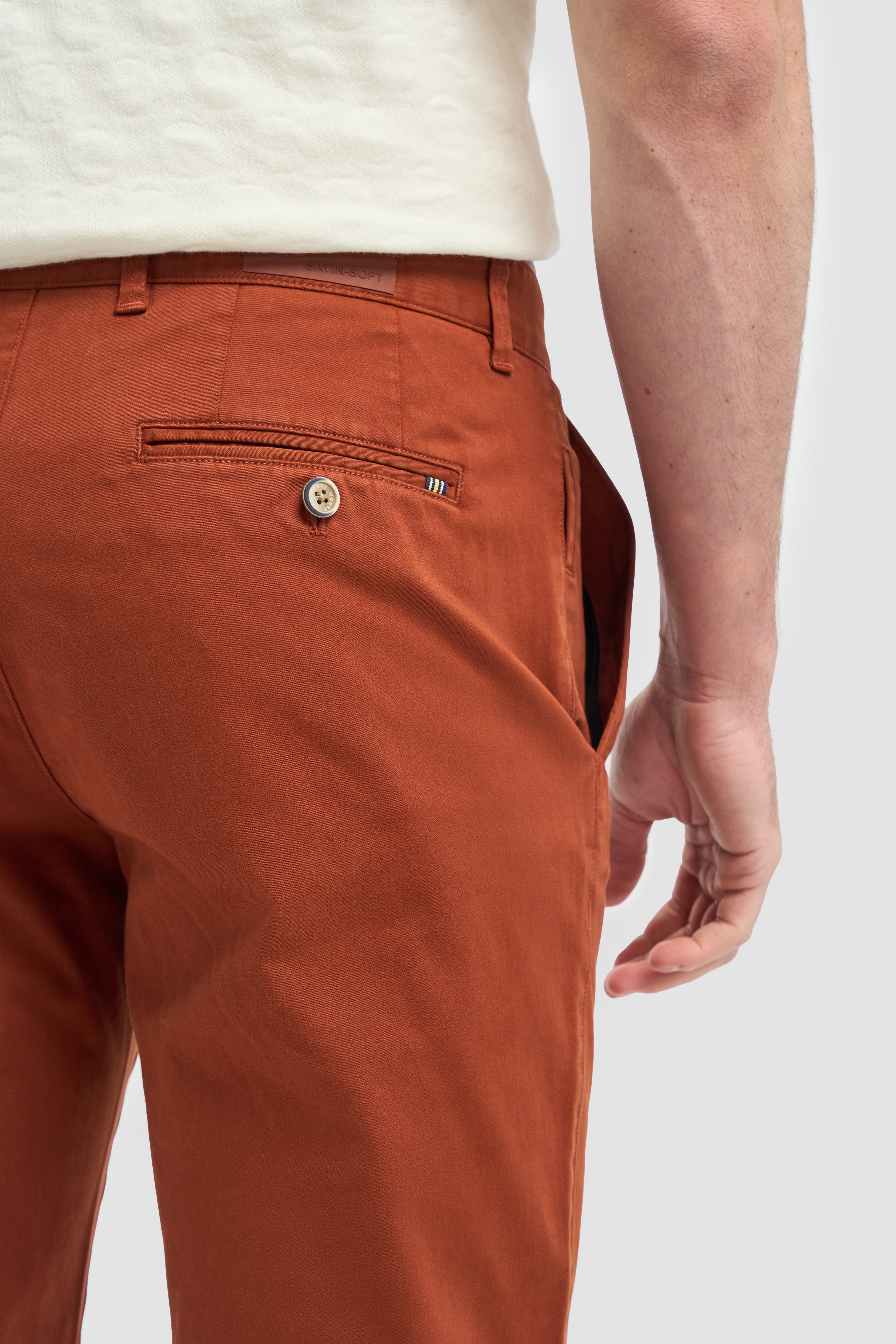 Men’s Cotton Slim Fit Chino Trousers - Hudson - Rust Detail Picture