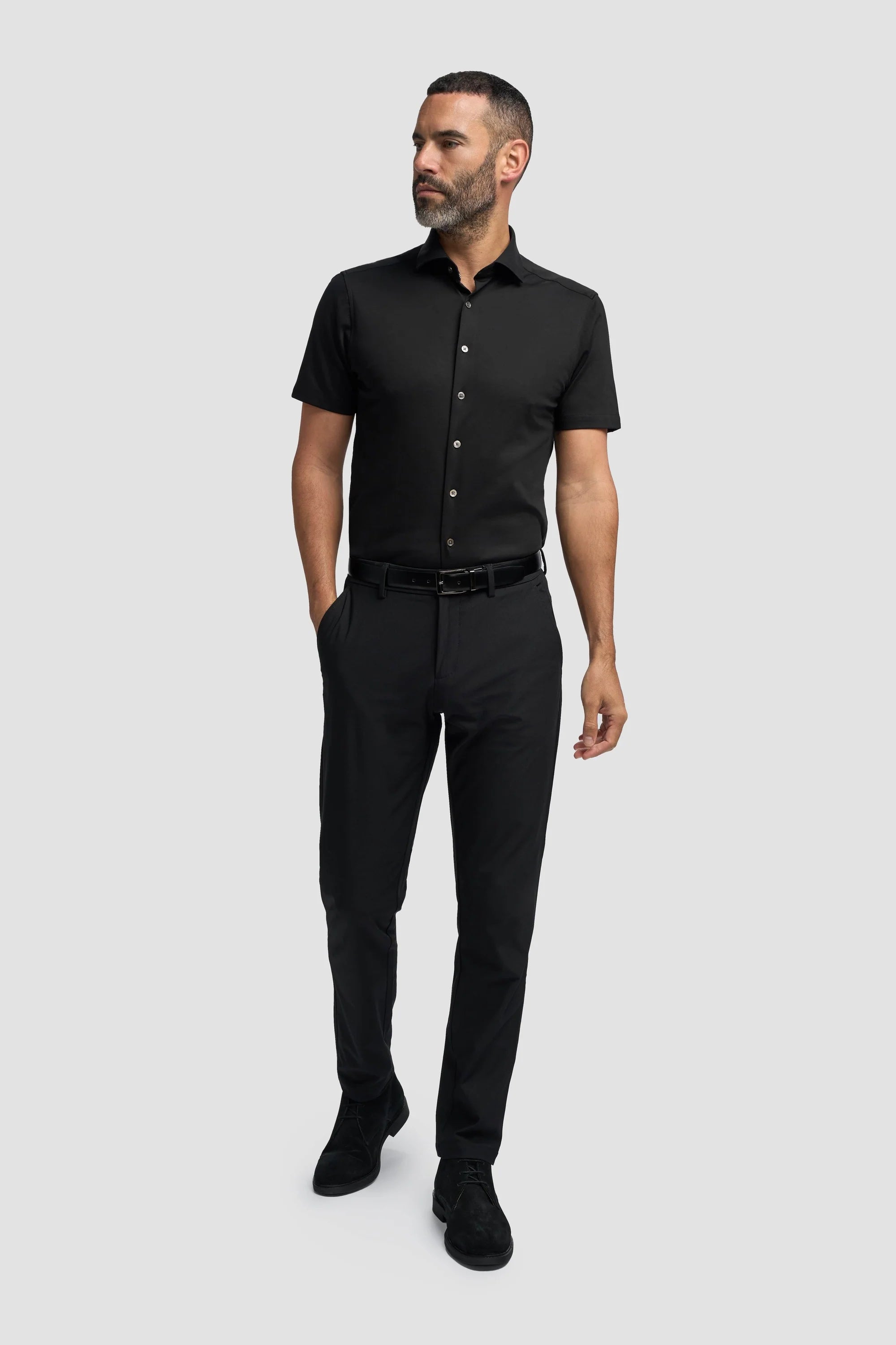 Men's Cotton Slim Fit Short Sleeve Shirt - Ashley - Black Model Picture