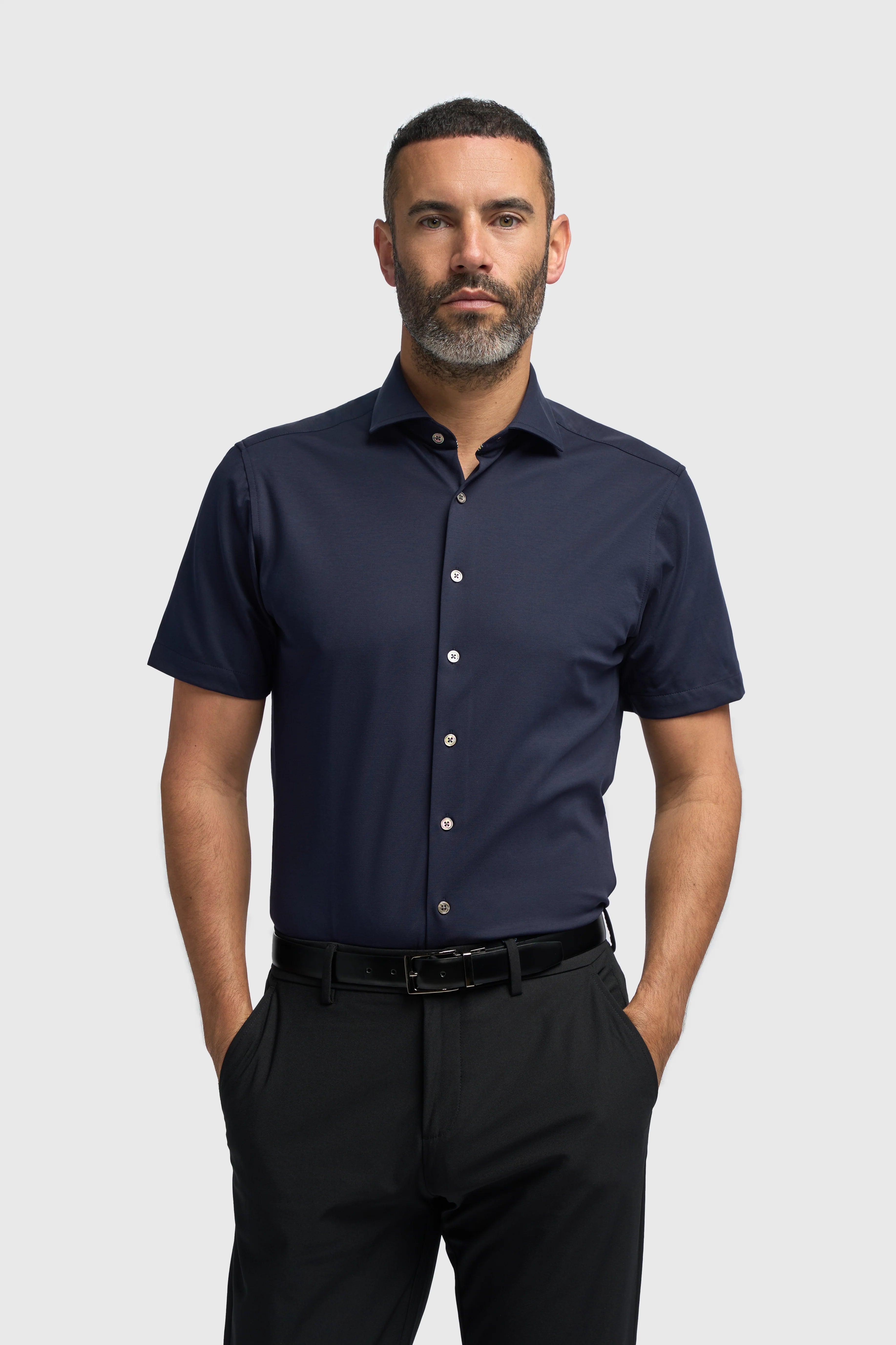 Men's Cotton Slim Fit Short Sleeve Shirt - Ashley - Navy Model Picture