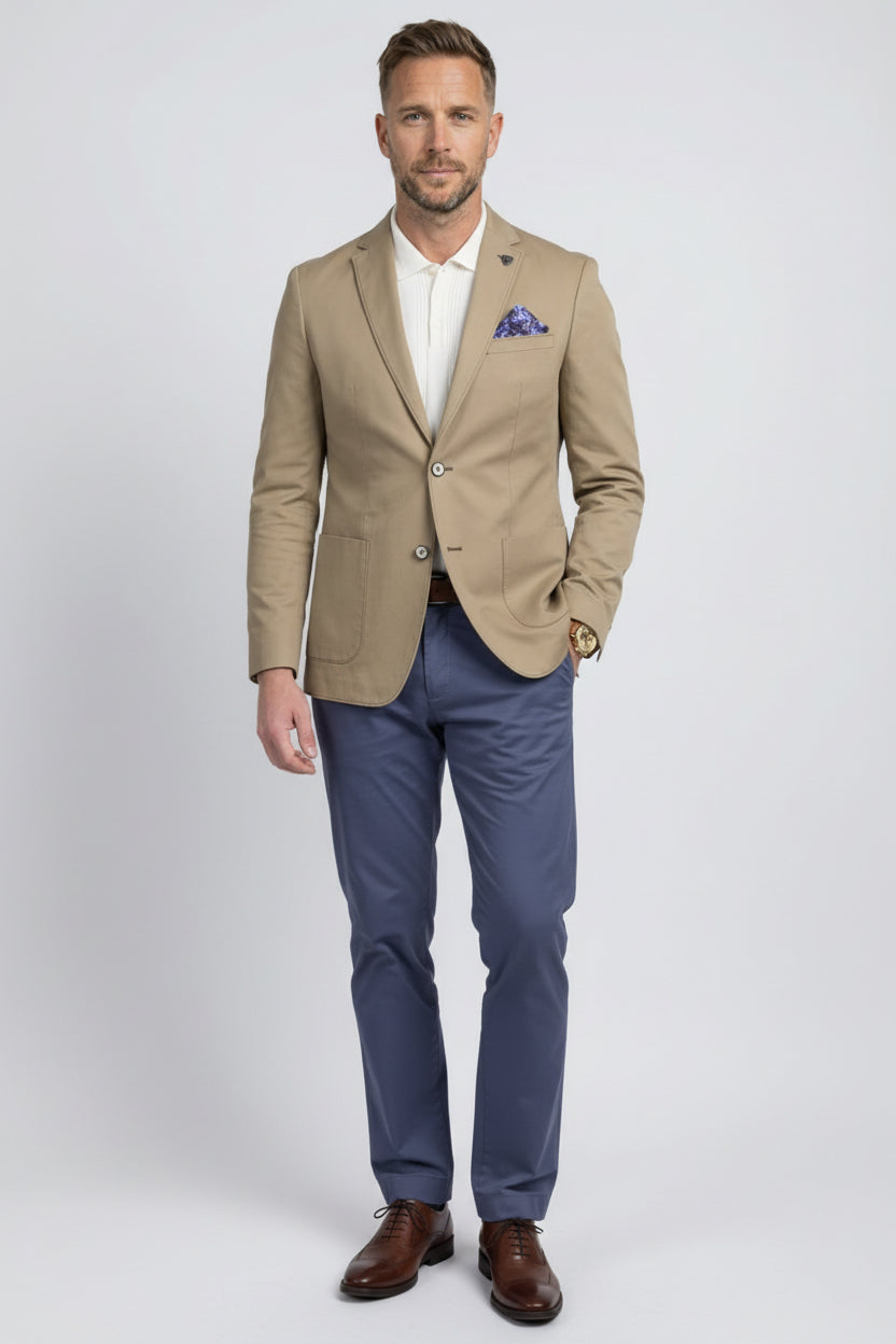 Men’s Cotton Twill Blazer with Patch Pockets - Ethan - Tan Model Front Picture