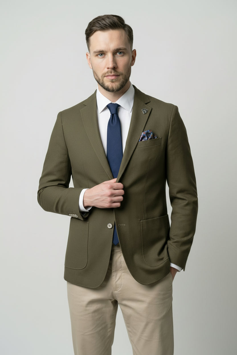 Men’s Cotton Twill Blazer with Patch Pockets - Theo - Green Model Front  Picture