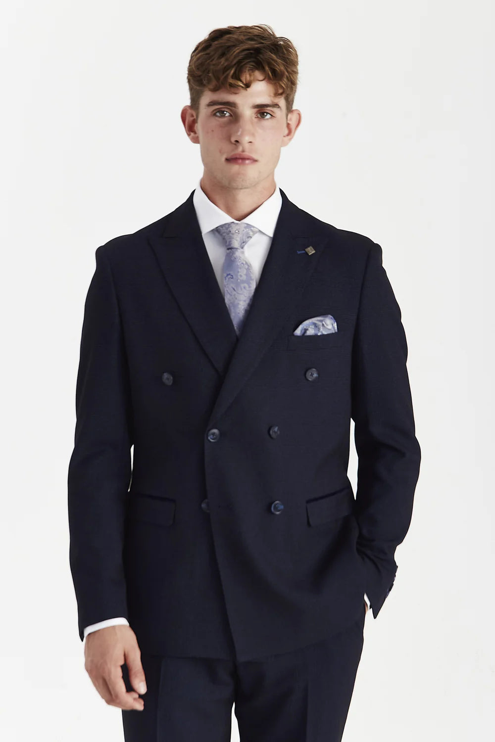 Men’s Double Breasted Glen Check Tweed Suit Jacket - Regent - Navy Model Picture