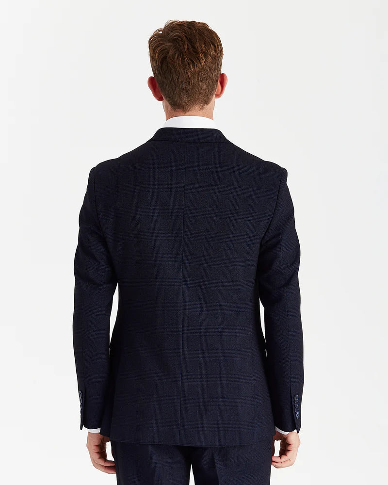 Men’s Double Breasted Glen Check Tweed Suit Jacket - Regent - Navy Back Picture