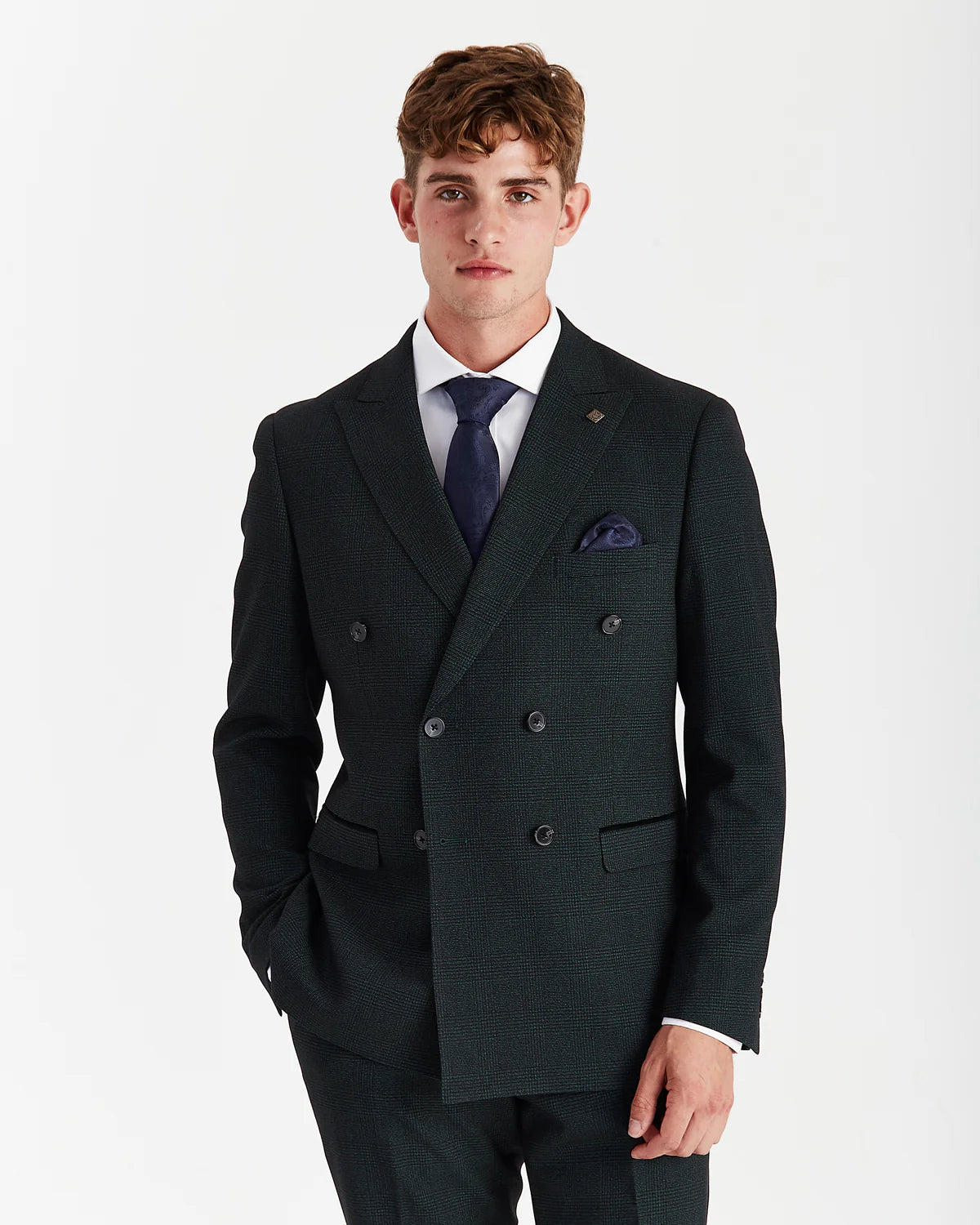 Men’s Double Breasted Glen Check Tweed Suit Jacket - Regent - Olive Green Model Picture