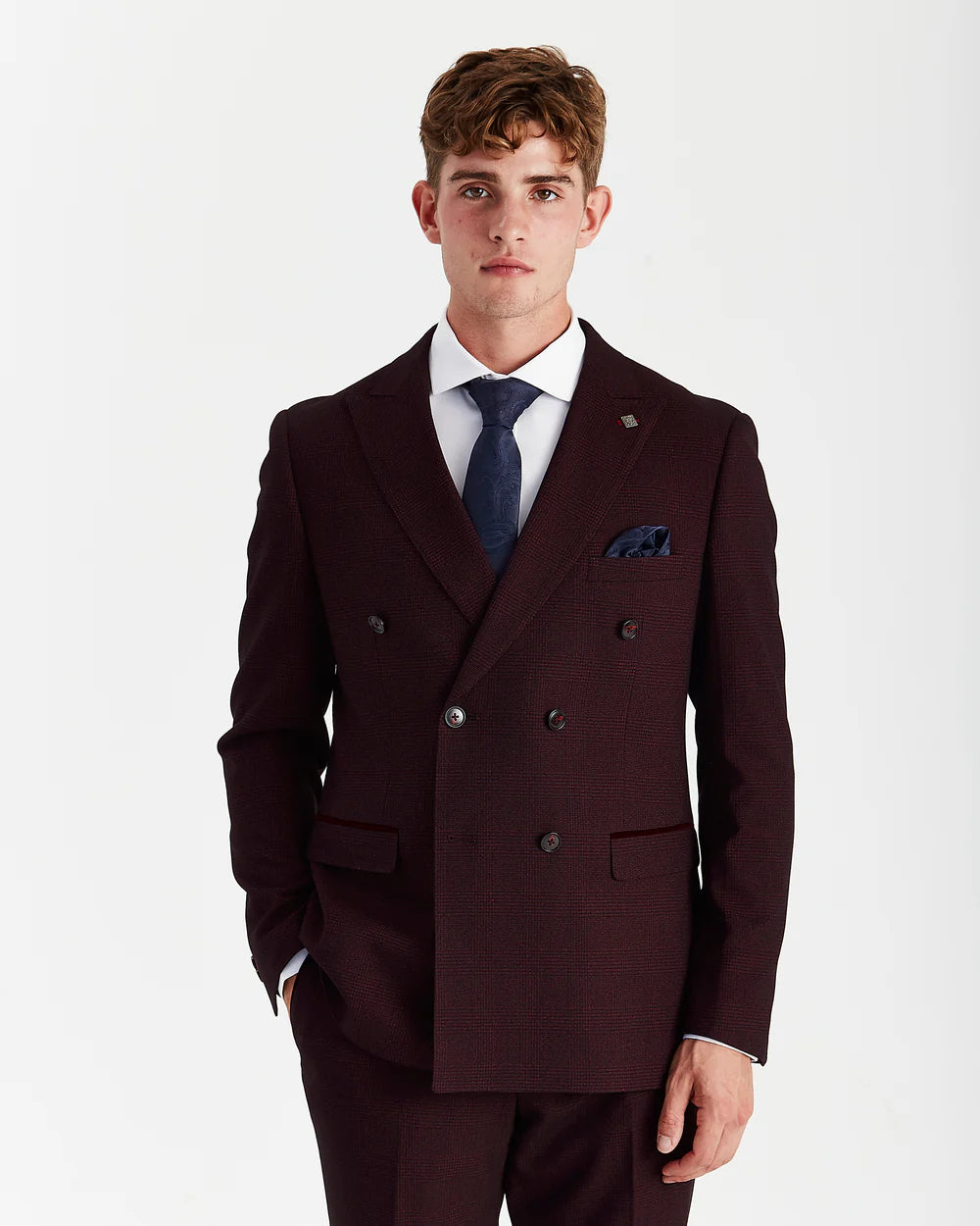Men’s Double Breasted Glen Check Tweed Suit Jacket - Regent - Wine Burgundy Model Picture