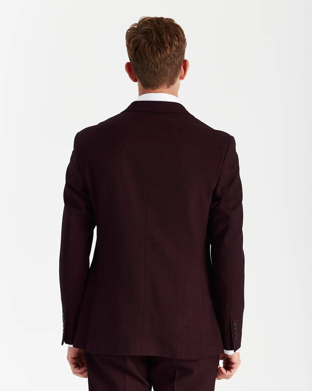 Men’s Double Breasted Glen Check Tweed Suit Jacket - Regent - Wine Burgundy Back Picture