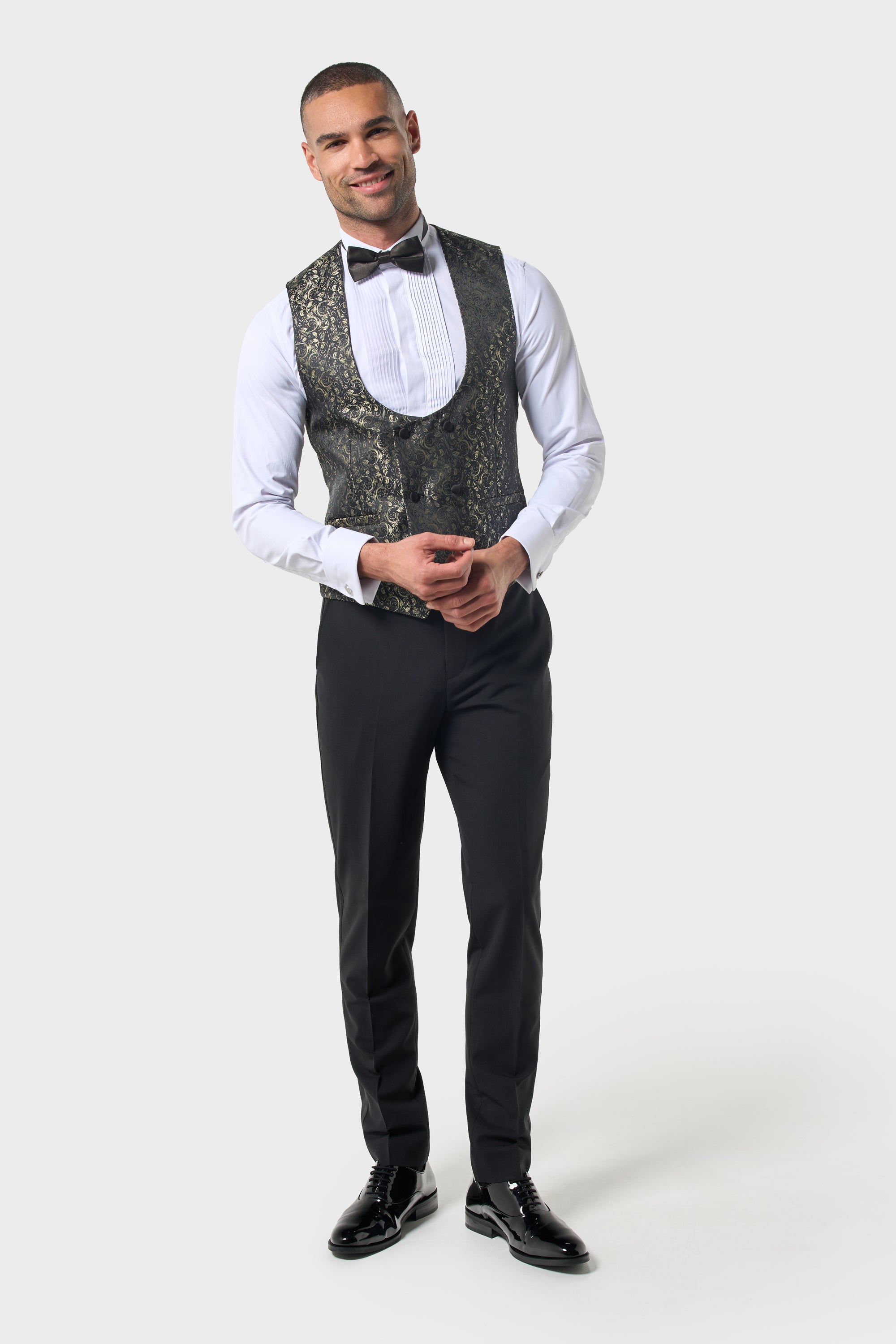 Men’s Double Breasted Paisley Jacquard Waistcoat - Style Toros Gold Model Front Picture