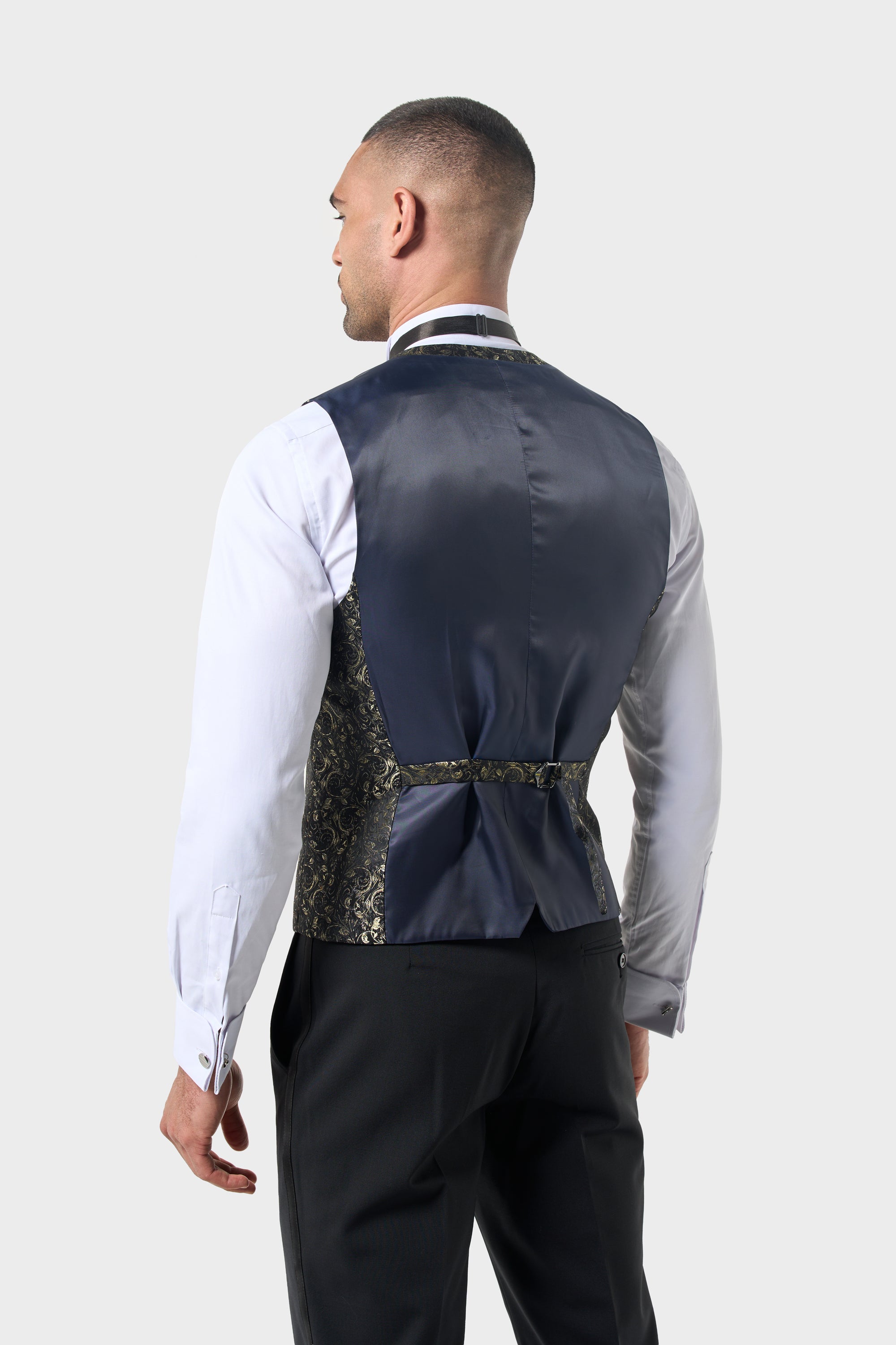 Men’s Double Breasted Paisley Jacquard Waistcoat - Style Toros Gold Model Back Picture