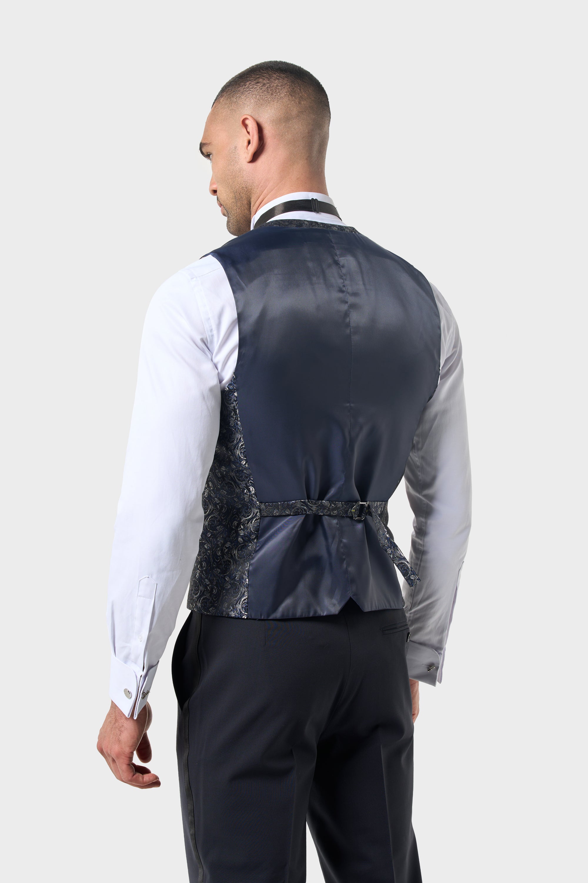 Men’s Double Breasted Paisley Jacquard Waistcoat - Style Toros Navy Back Picture
